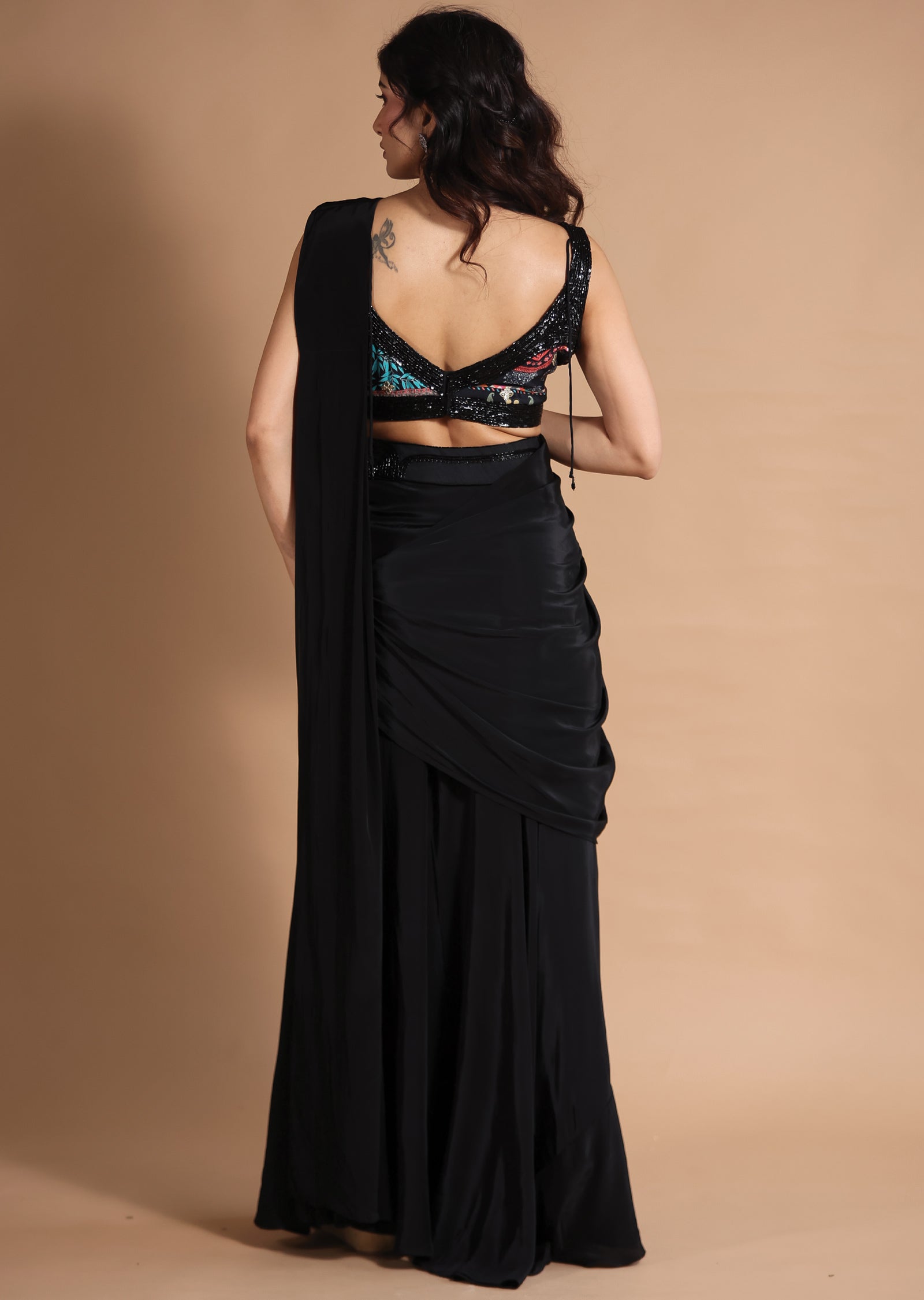 Black & Multi Crepe Fusion/Indo-Western Draped Saree