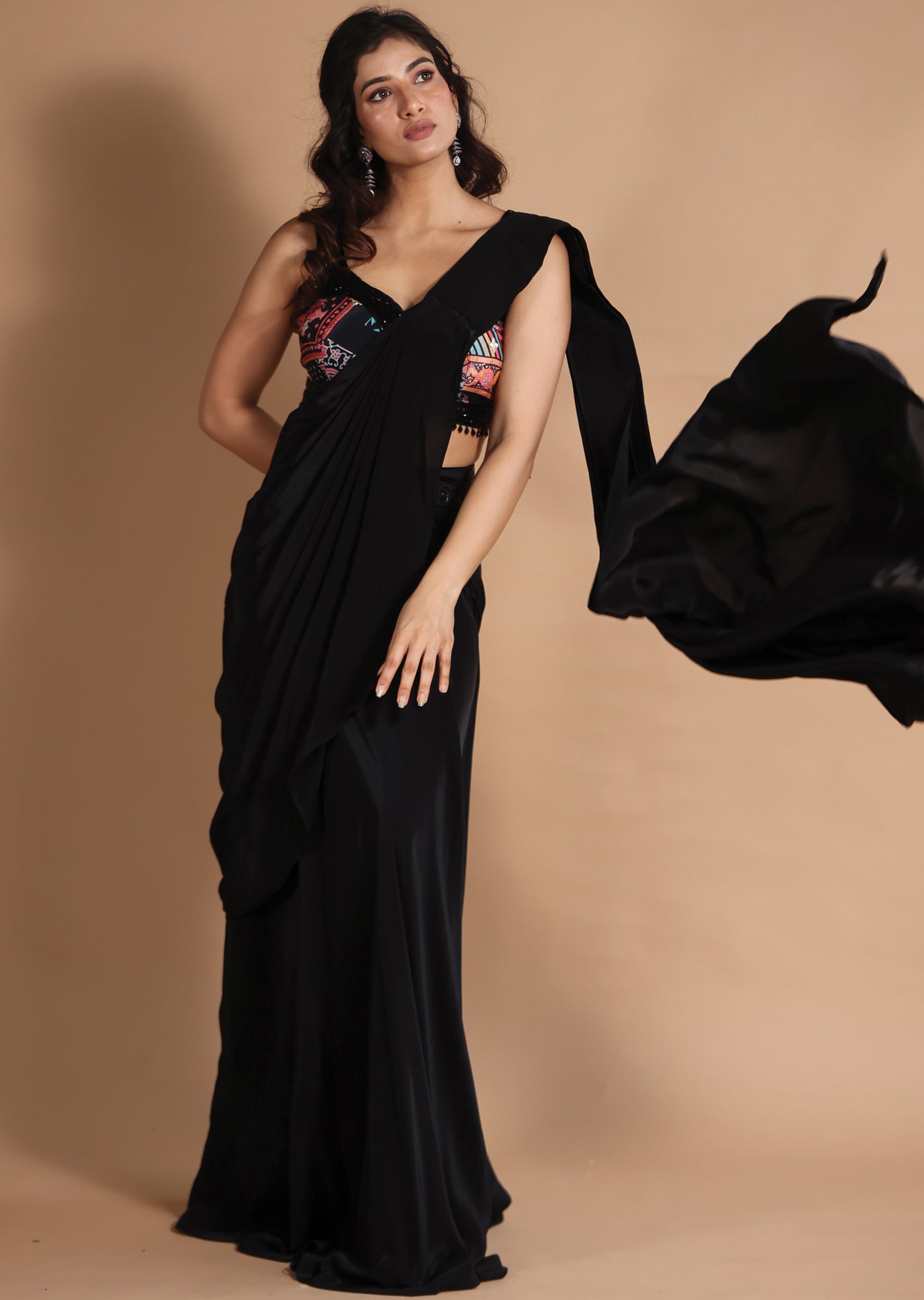 Black & Multi Crepe Fusion/Indo-Western Draped Saree