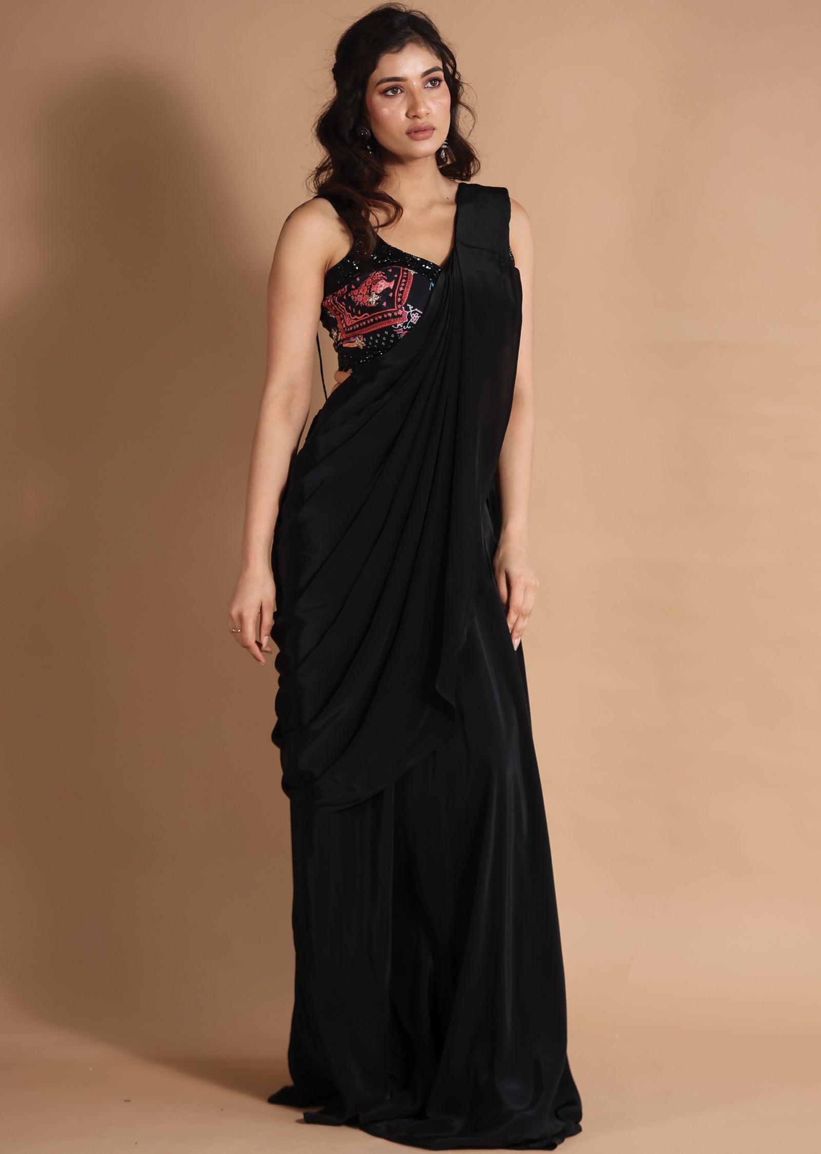 Black & Multi Crepe Fusion/Indo-Western Draped Saree