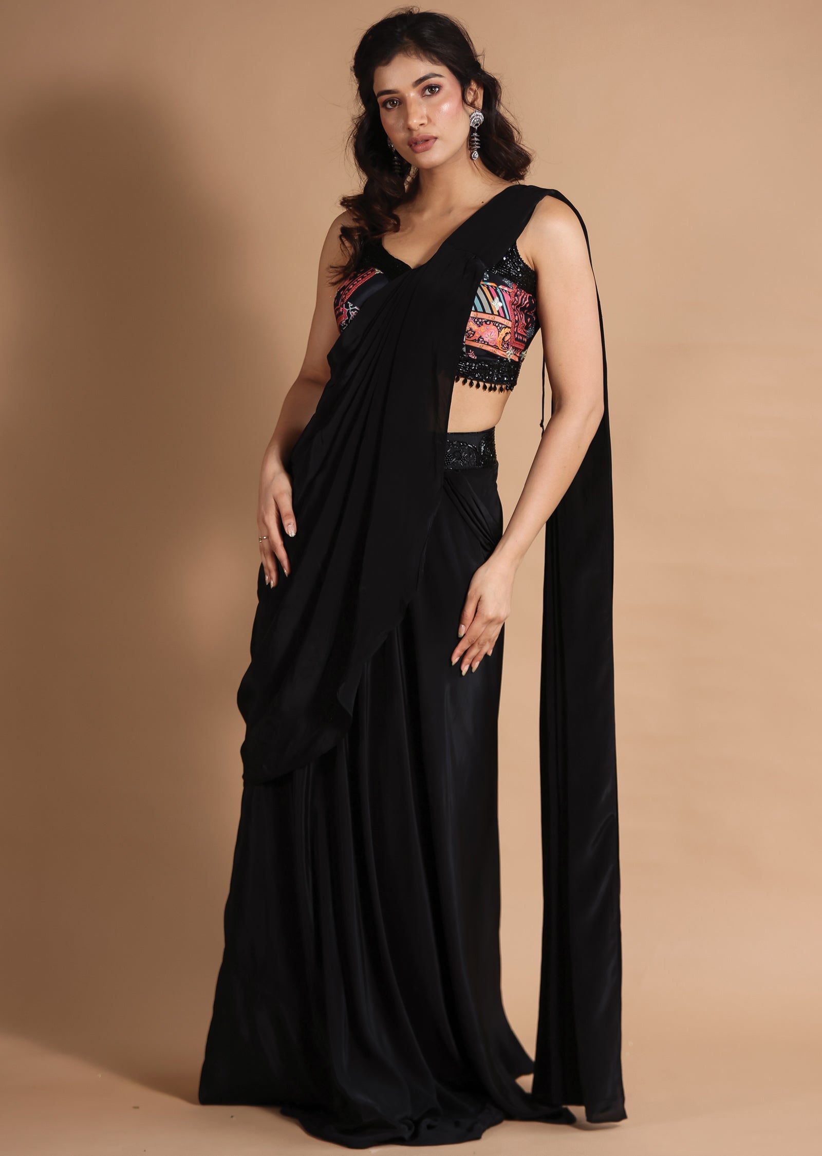 Black & Multi Crepe Fusion/Indo-Western Draped Saree