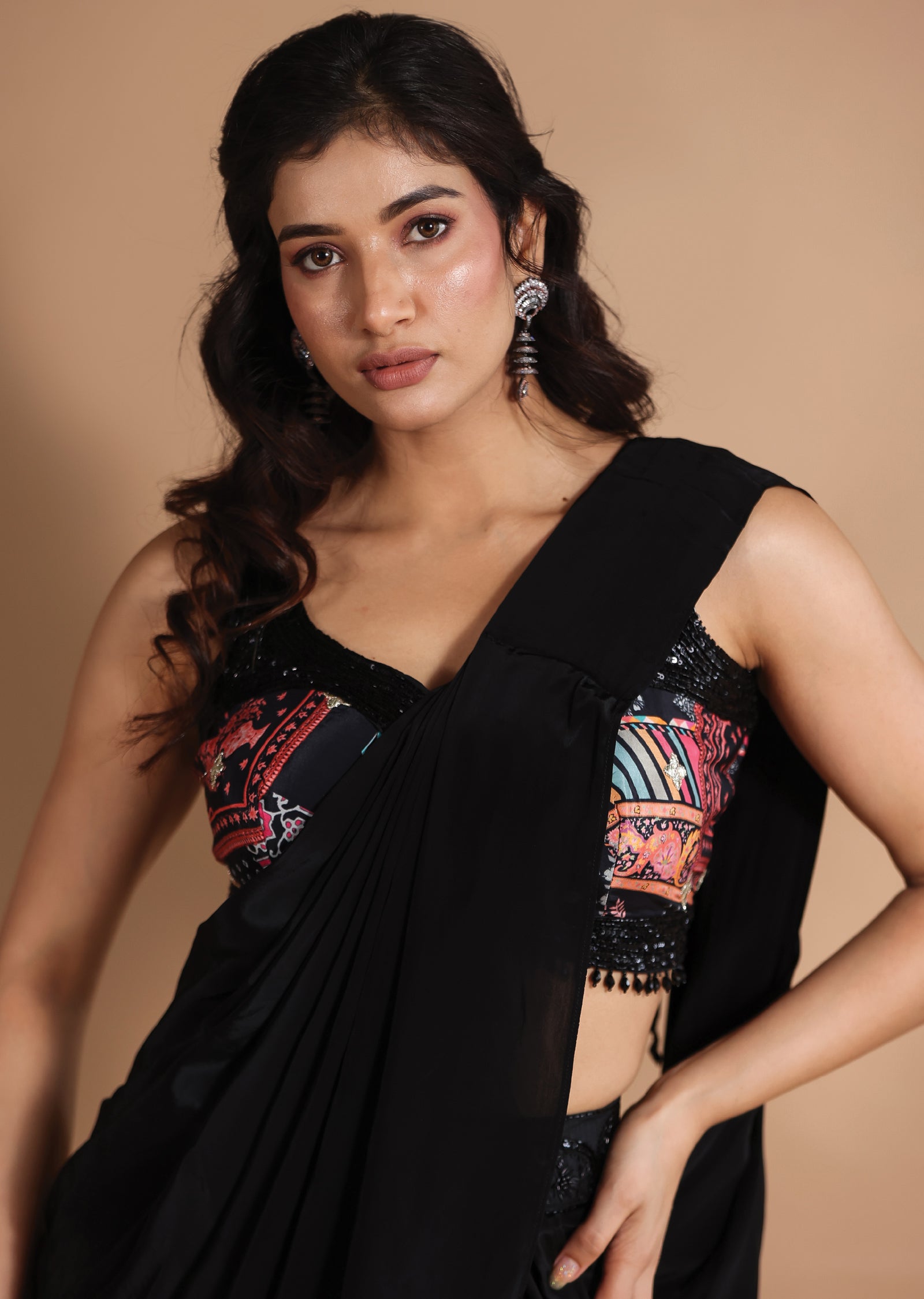 Black & Multi Crepe Fusion/Indo-Western Draped Saree