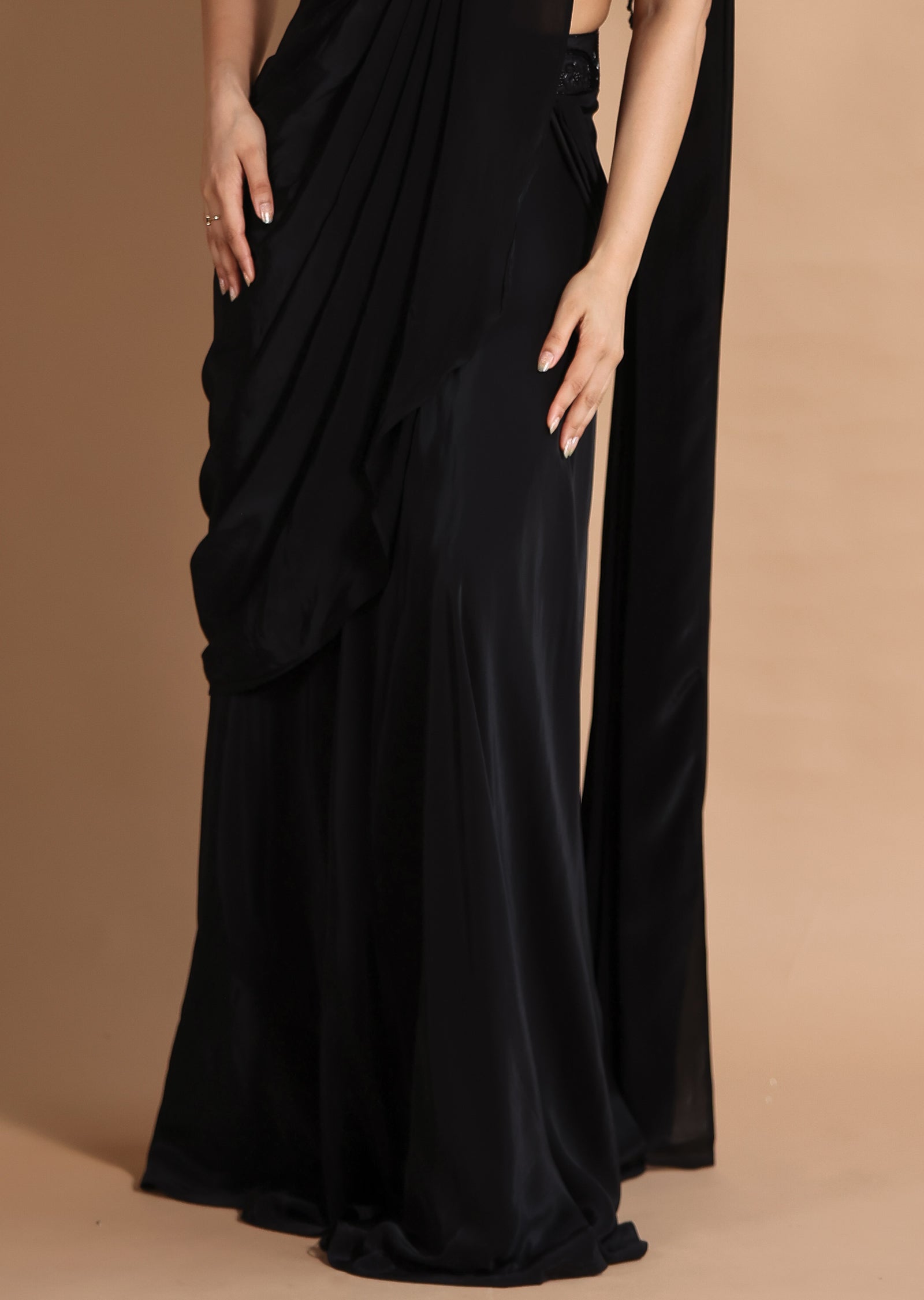 Black & Multi Crepe Fusion/Indo-Western Draped Saree