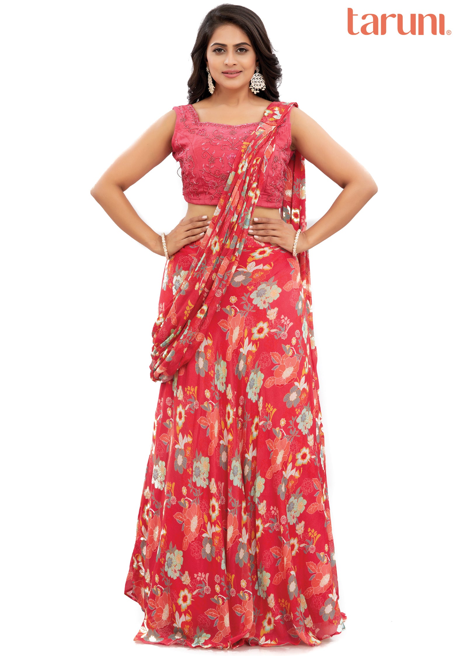 Rani Pink Chinnon Pre-Draped Saree with Muslin Blouse