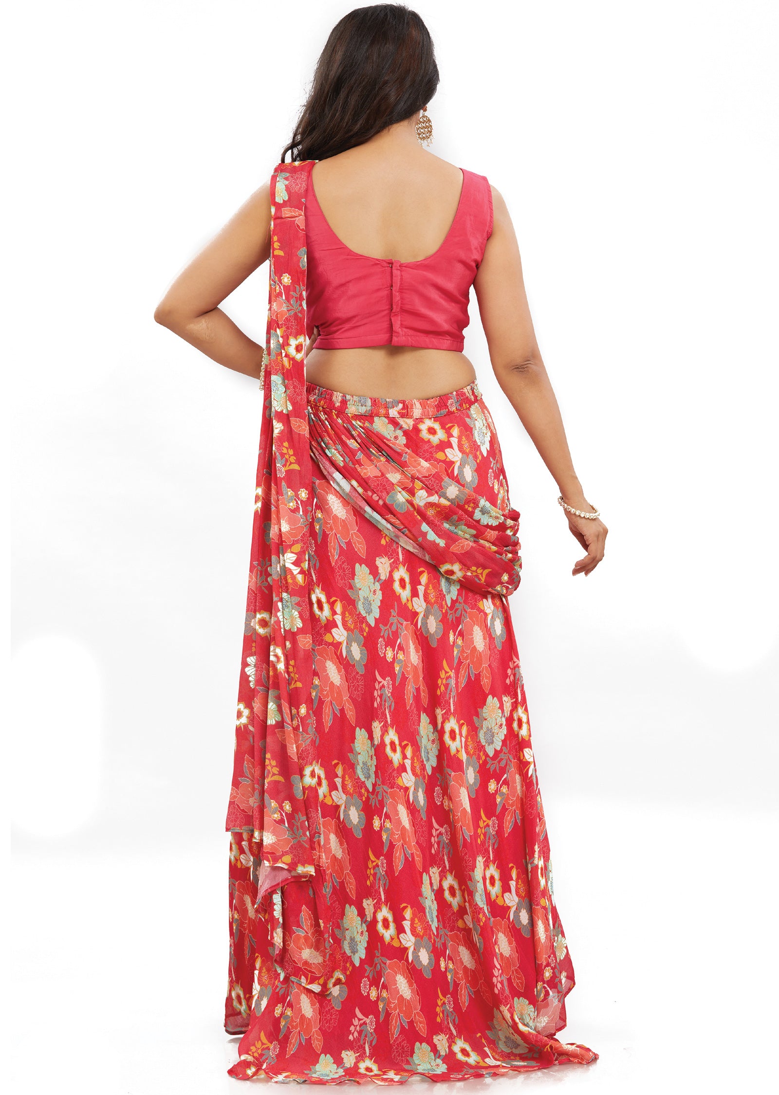 Rani Pink Chinnon Pre-Draped Saree with Muslin Blouse