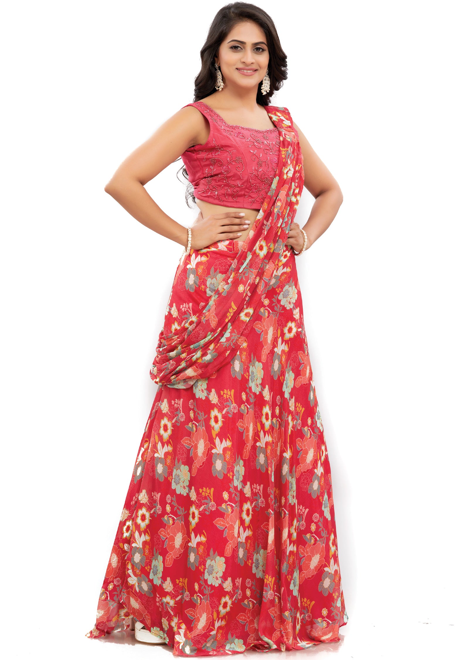 Rani Pink Chinnon Pre-Draped Saree with Muslin Blouse