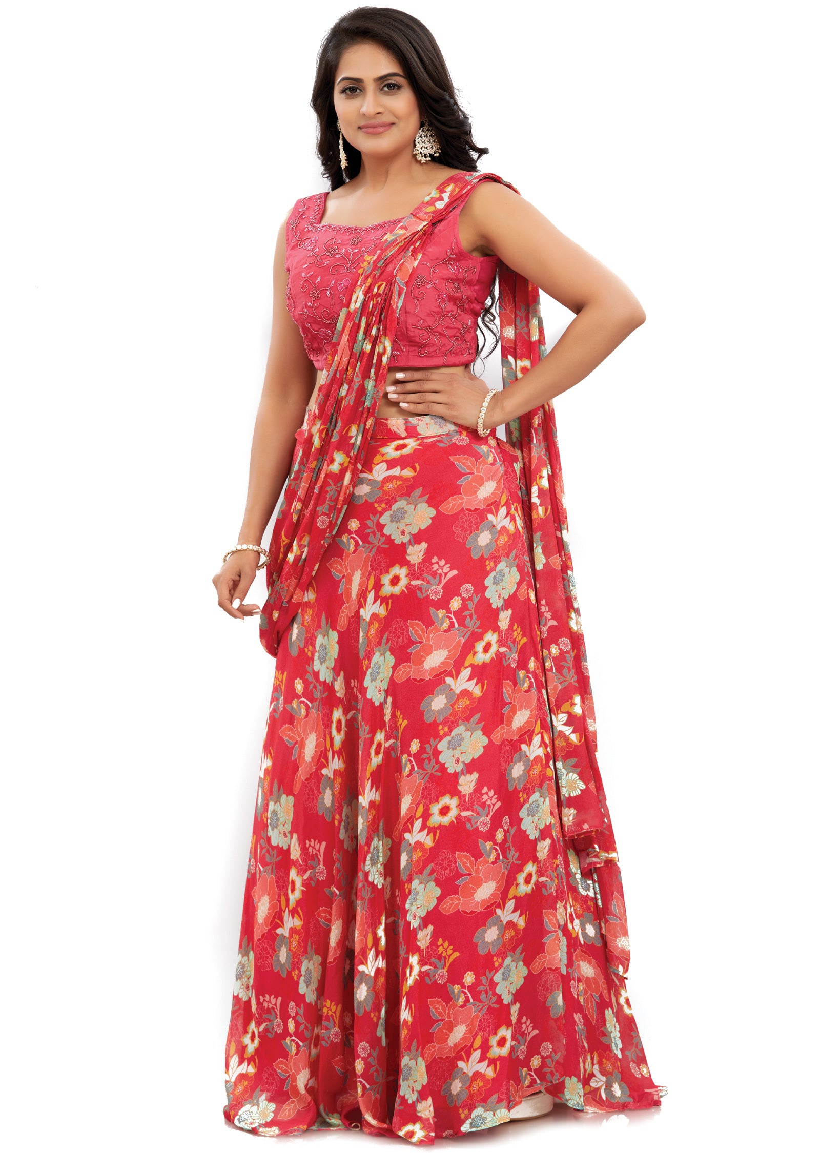 Rani Pink Chinnon Pre-Draped Saree with Muslin Blouse