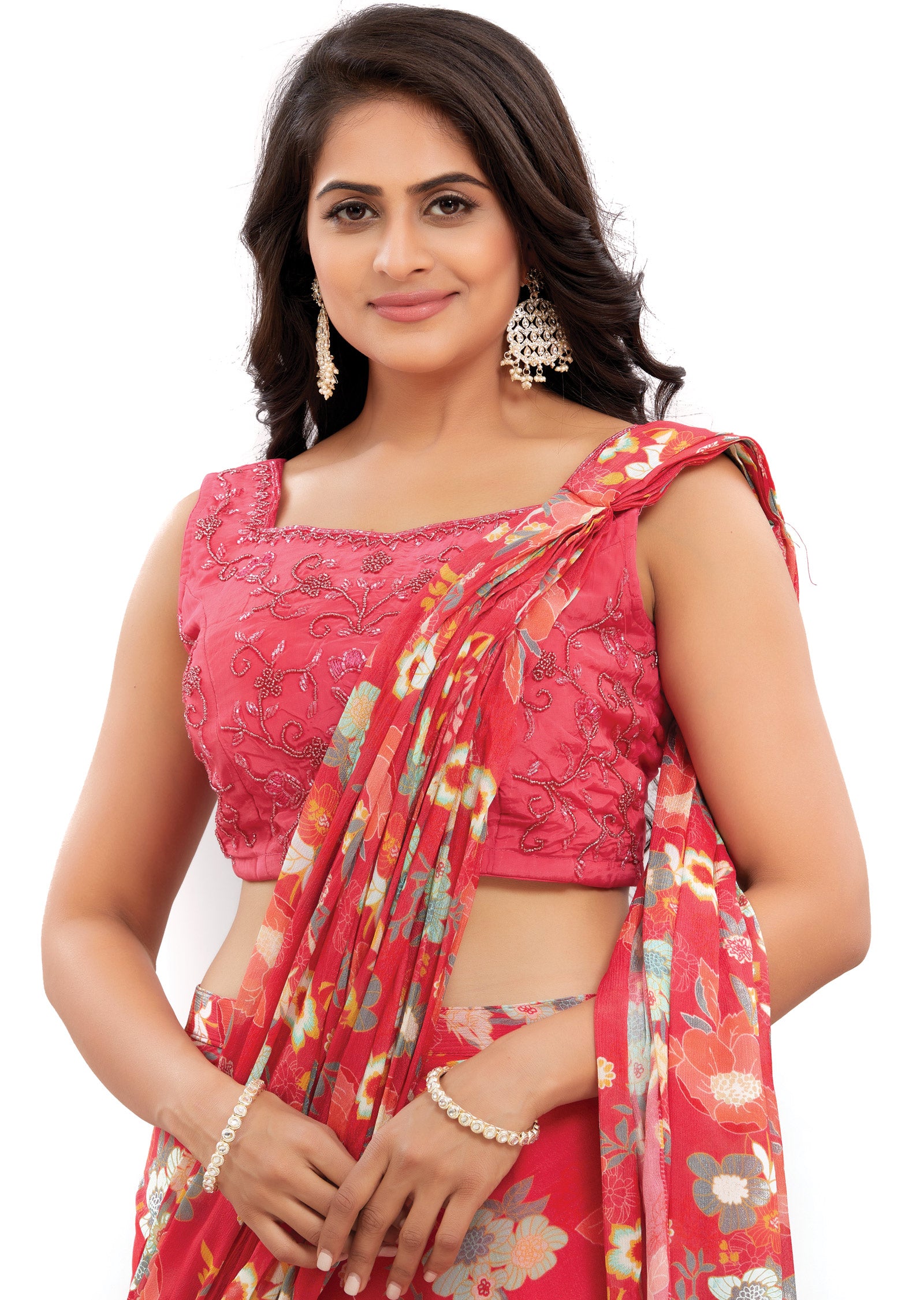 Rani Pink Chinnon Pre-Draped Saree with Muslin Blouse