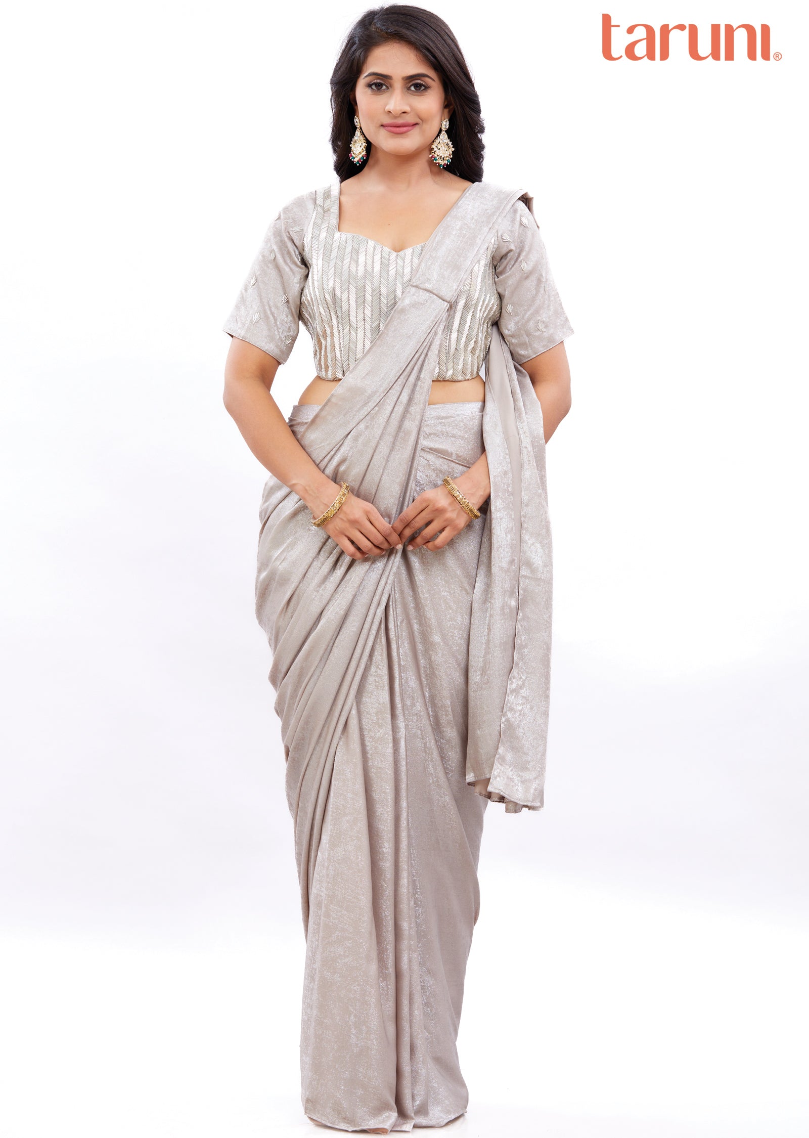 Silver Grey Shimmer Georgette Fusion/Indo-Western Draped Saree