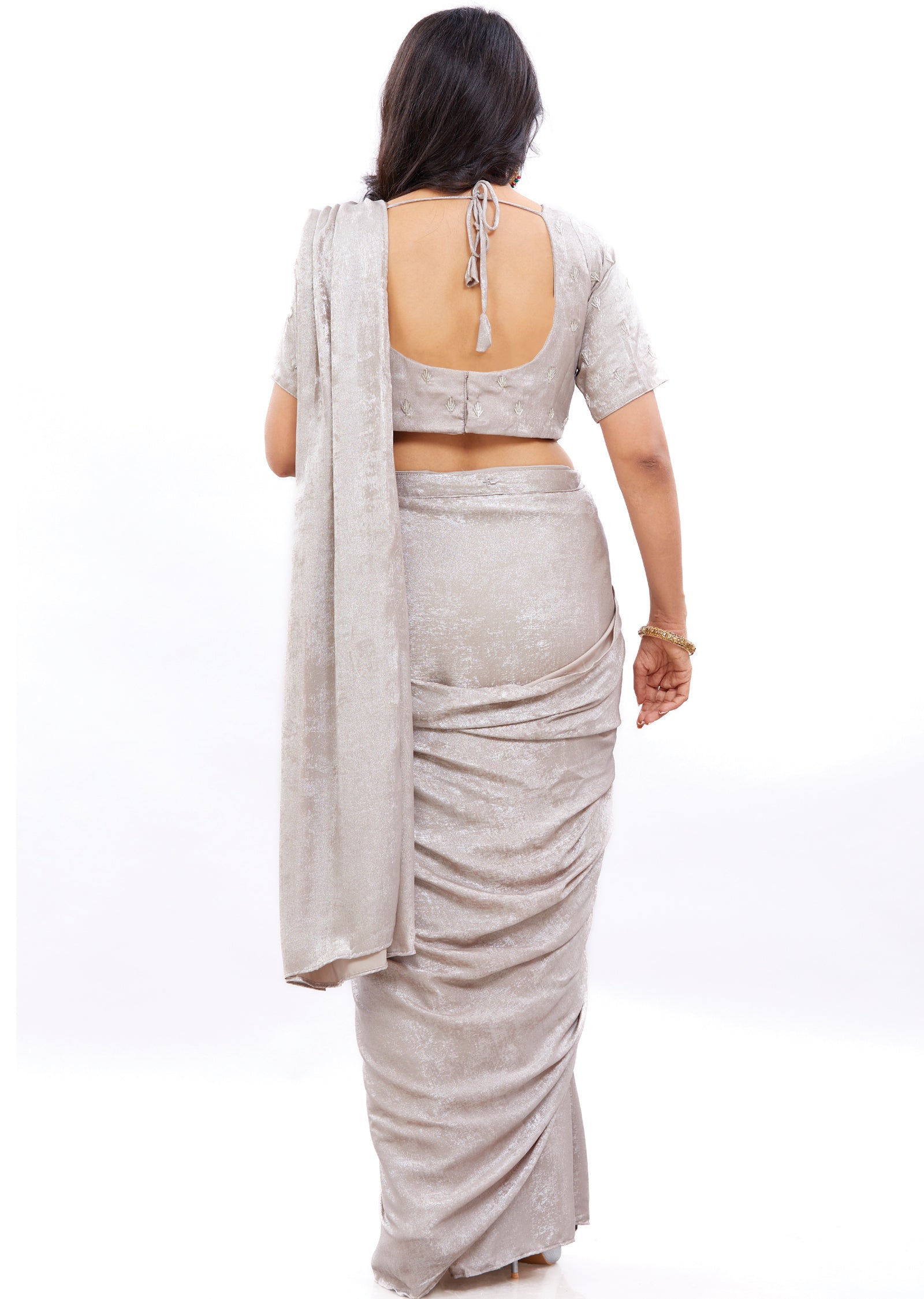 Silver Grey Shimmer Georgette Fusion/Indo-Western Draped Saree