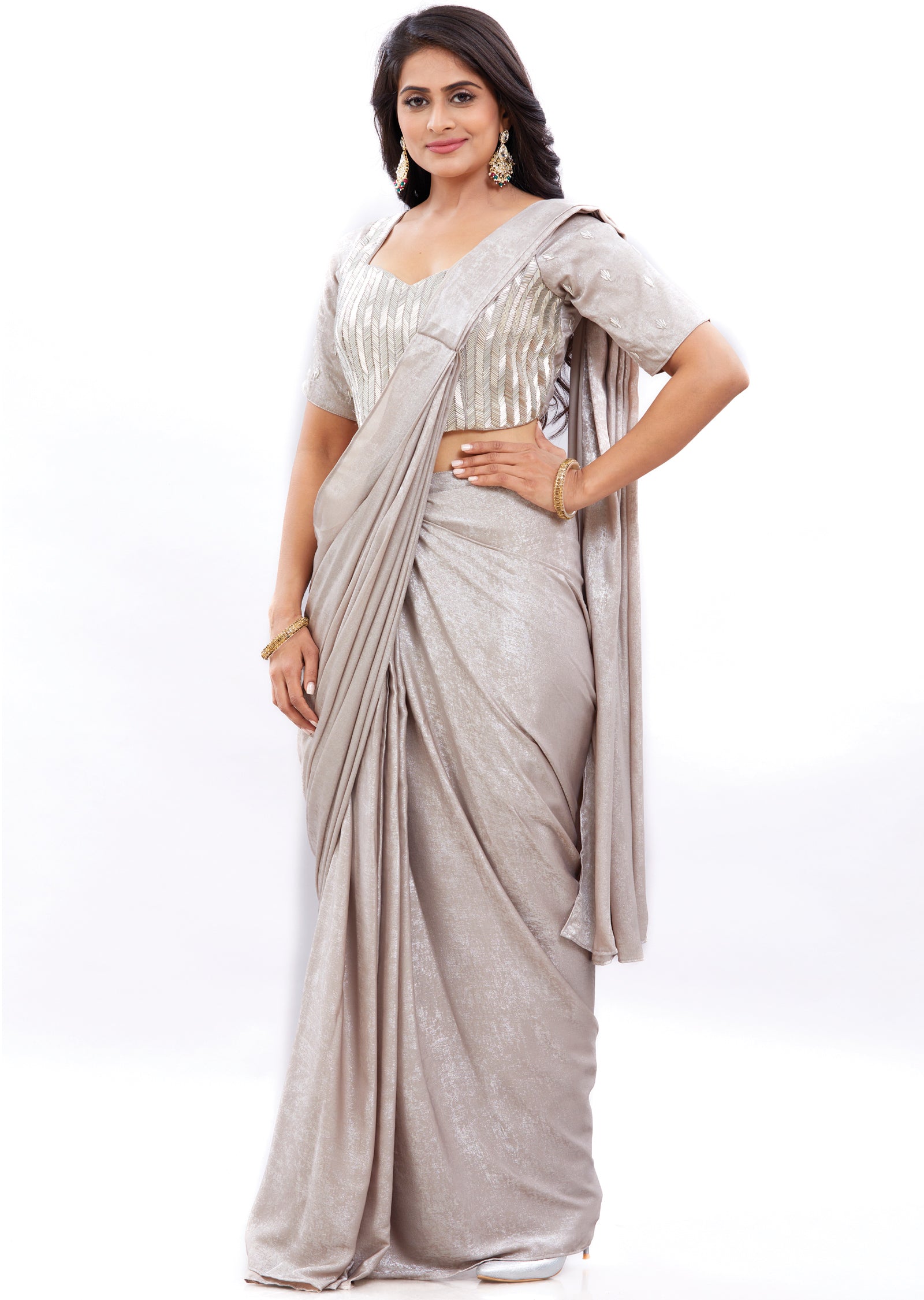 Silver Grey Shimmer Georgette Fusion/Indo-Western Draped Saree