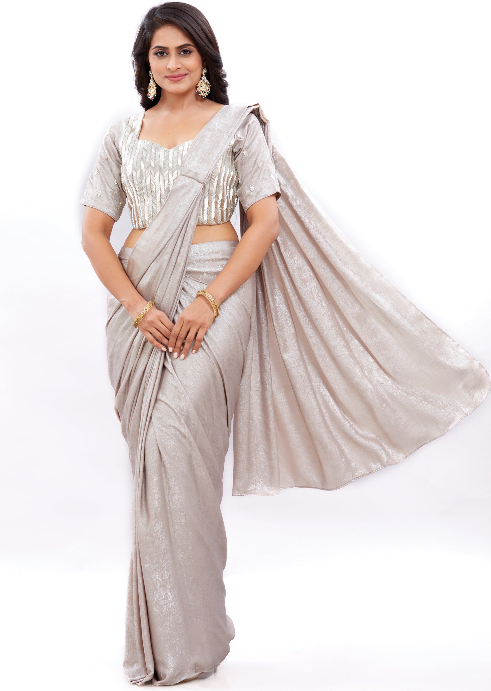 Silver Grey Shimmer Georgette Fusion/Indo-Western Draped Saree