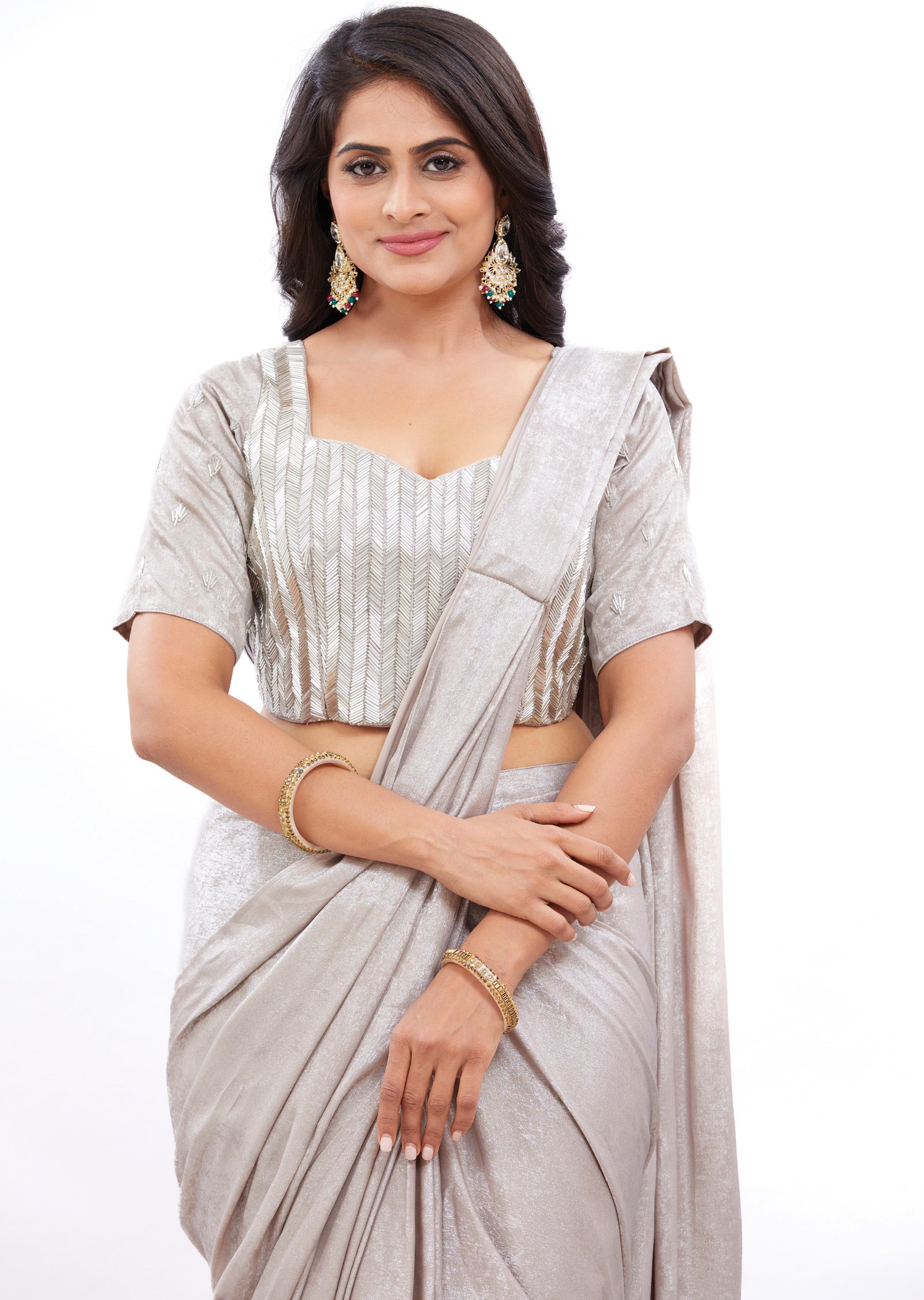 Silver Grey Shimmer Georgette Fusion/Indo-Western Draped Saree