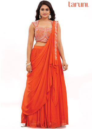 Orange Silk Fusion/Indo-Western Draped Saree