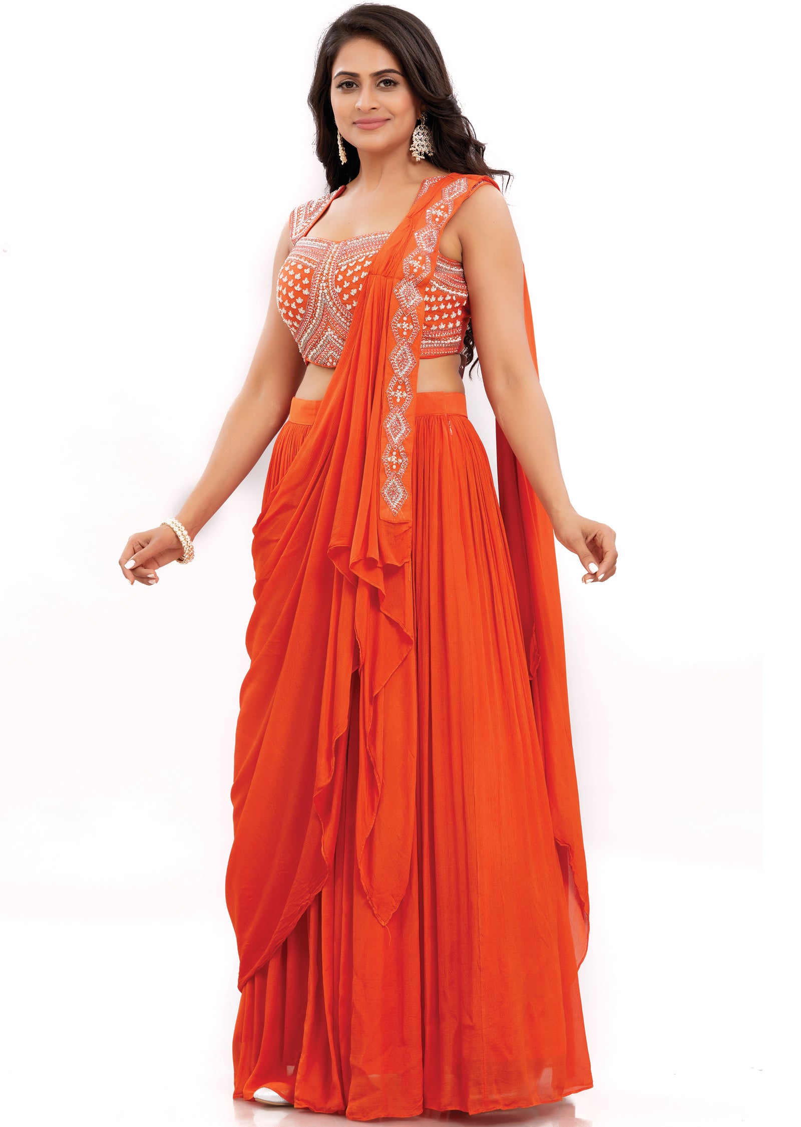 Orange Silk Fusion/Indo-Western Draped Saree