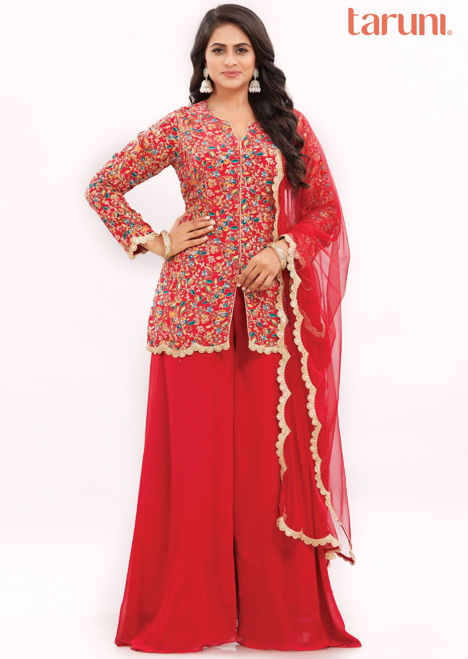 Red Chinnon Fusion/Indo-Western in Front Slit Long Blouse with Matching Palazzo and Dupatta