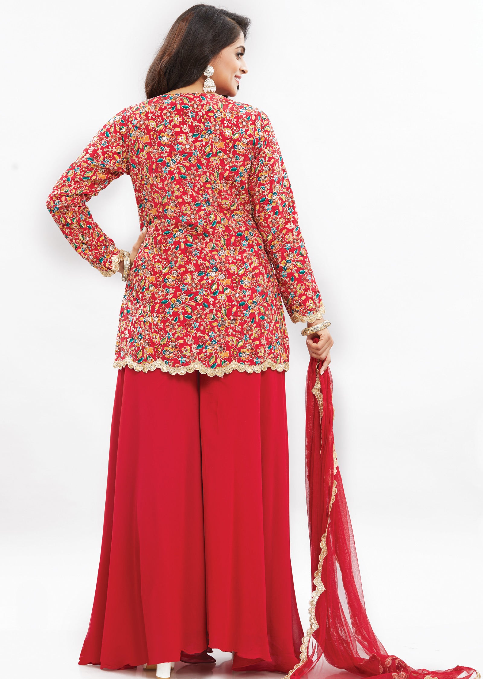 Red Chinnon Fusion/Indo-Western in Front Slit Long Blouse with Matching Palazzo and Dupatta