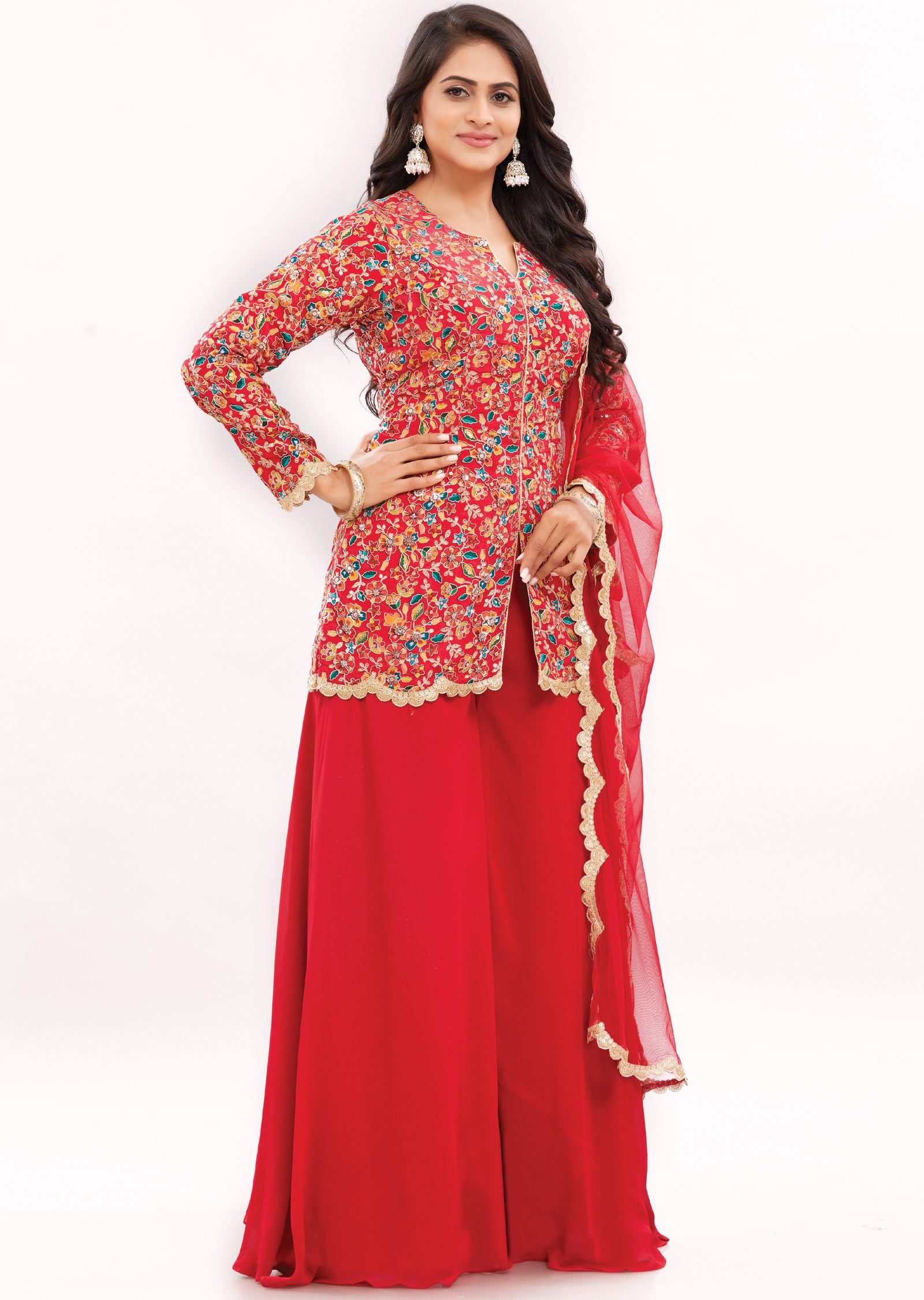 Red Chinnon Fusion/Indo-Western in Front Slit Long Blouse with Matching Palazzo and Dupatta