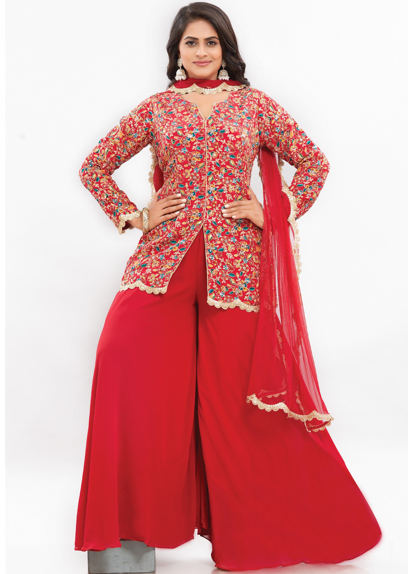 Red Chinnon Fusion/Indo-Western in Front Slit Long Blouse with Matching Palazzo and Dupatta