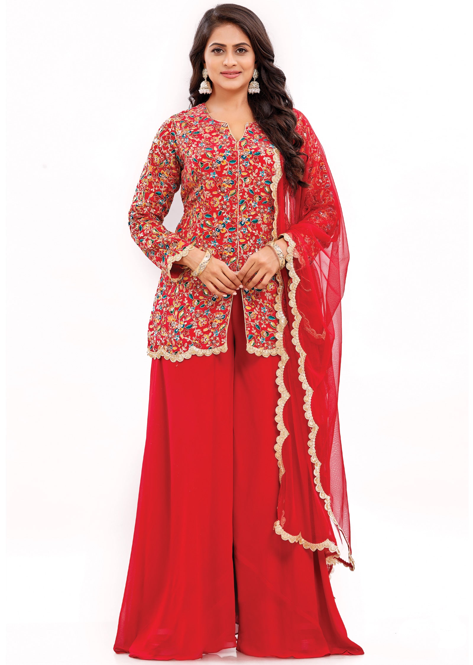 Red Chinnon Fusion/Indo-Western in Front Slit Long Blouse with Matching Palazzo and Dupatta