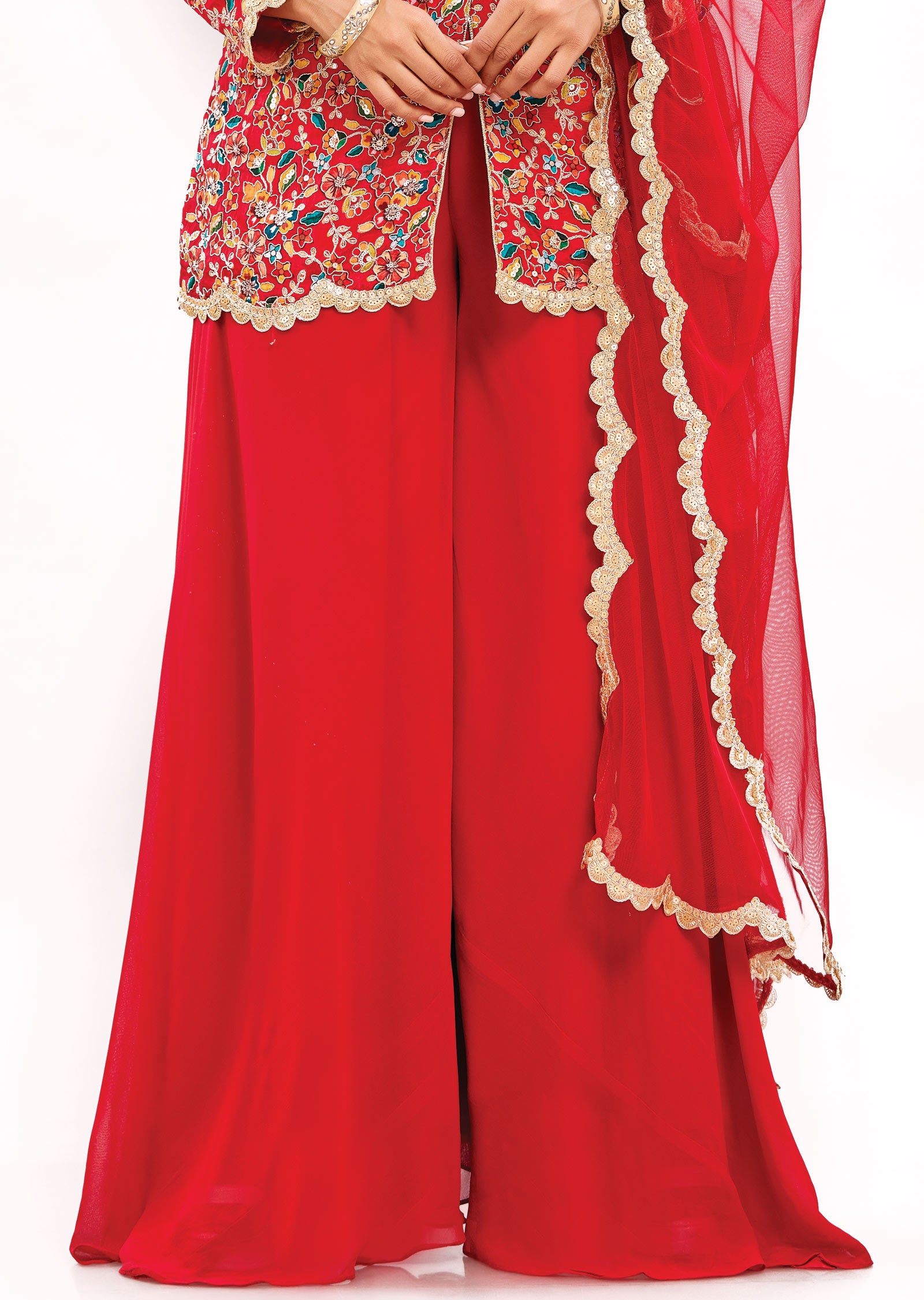 Red Chinnon Fusion/Indo-Western in Front Slit Long Blouse with Matching Palazzo and Dupatta