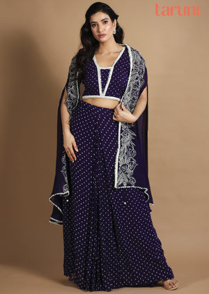 Purple Georgette Fusion/Indo-Western Blouse with Matching Pleated Skirt and Long Jacket