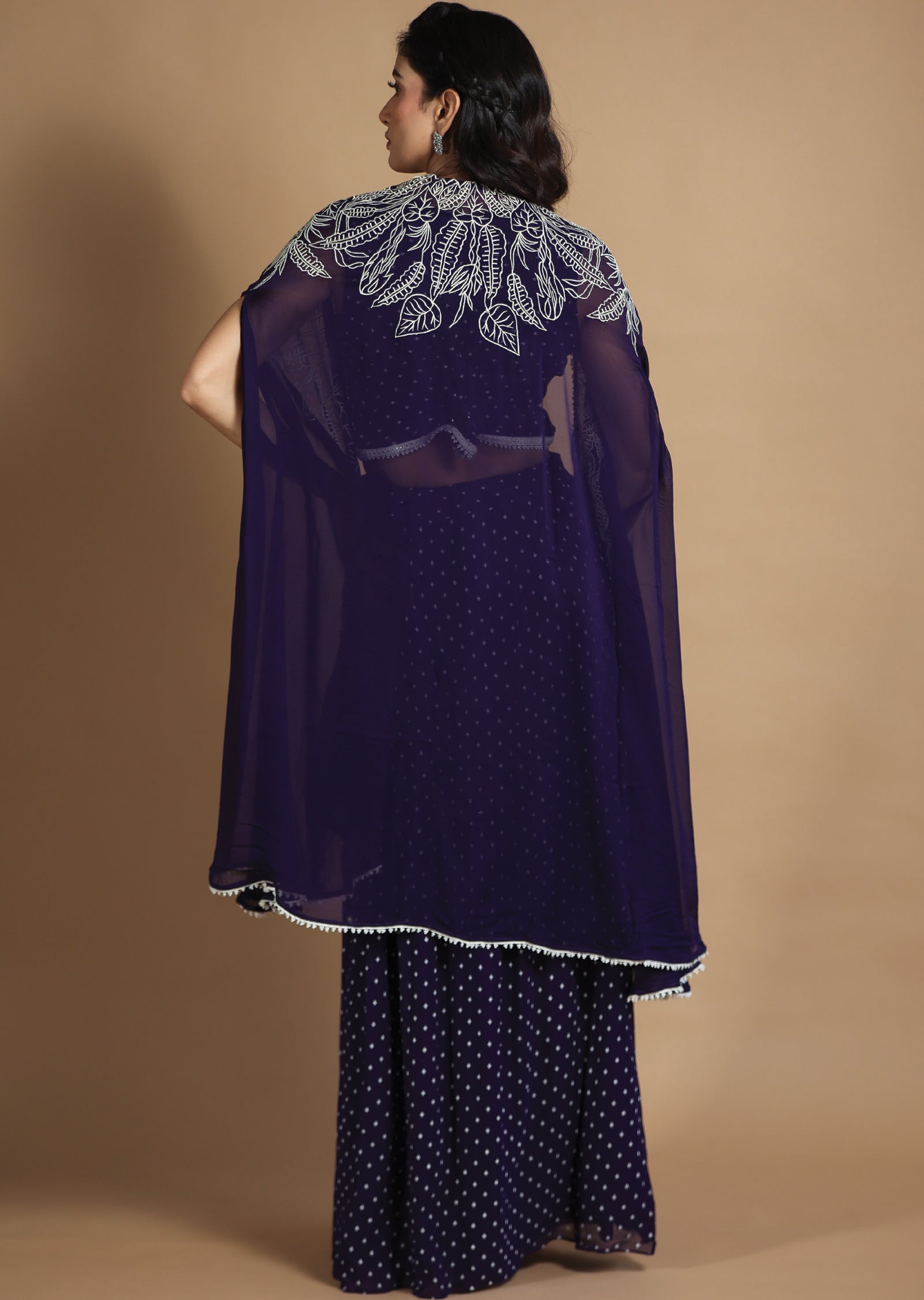 Purple Georgette Fusion/Indo-Western Blouse with Matching Pleated Skirt and Long Jacket