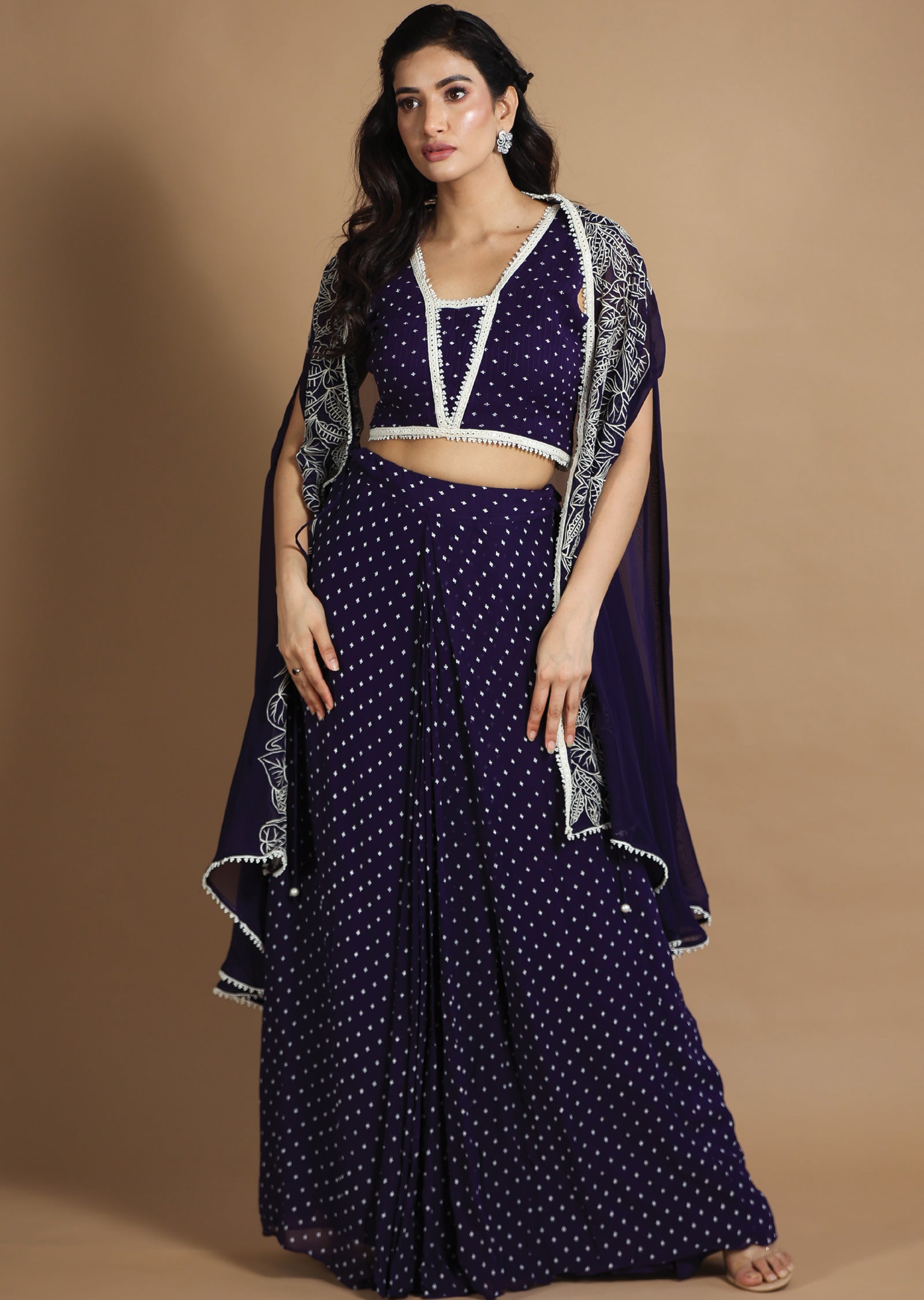 Purple Georgette Fusion/Indo-Western Blouse with Matching Pleated Skirt and Long Jacket