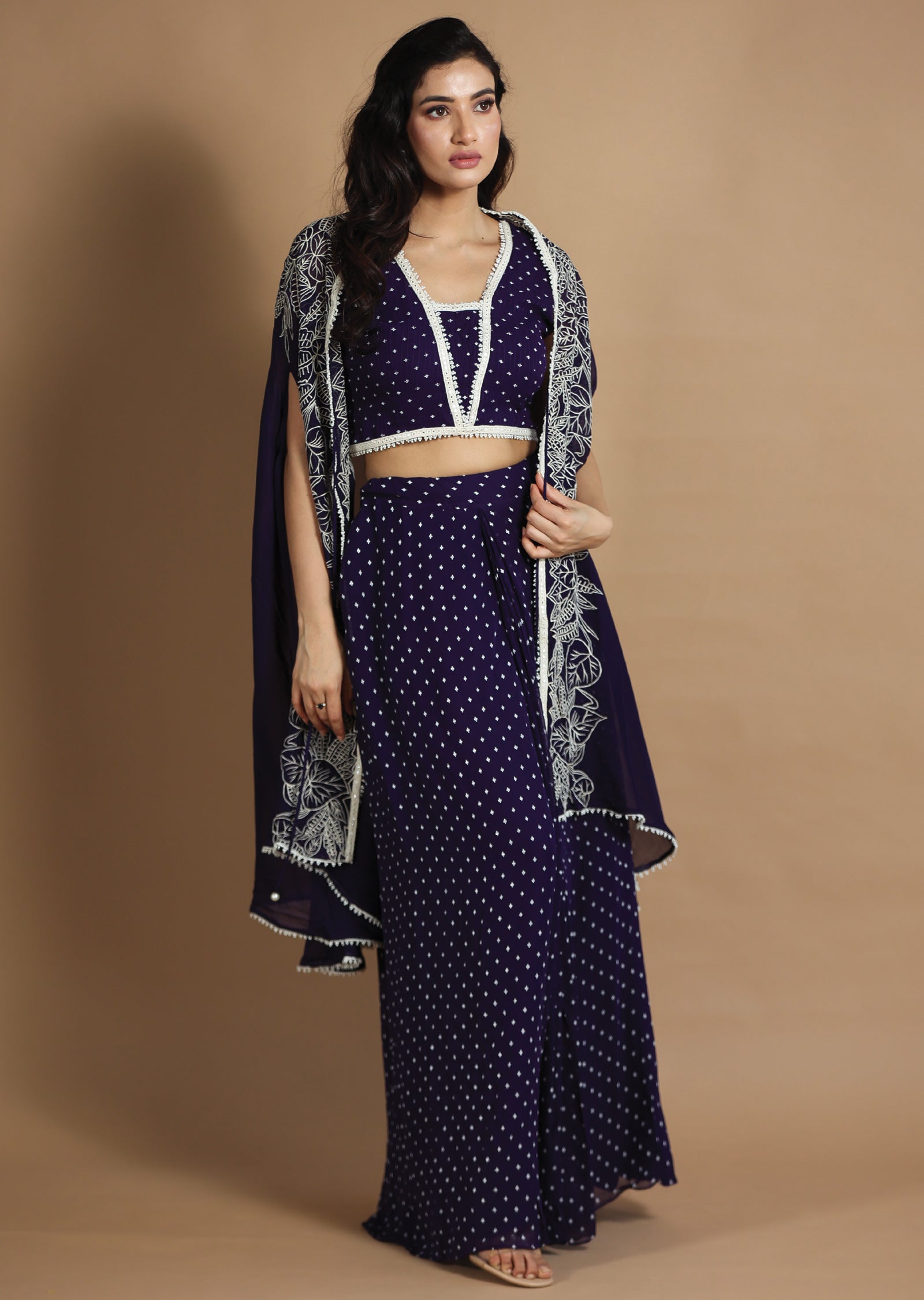 Purple Georgette Fusion/Indo-Western Blouse with Matching Pleated Skirt and Long Jacket