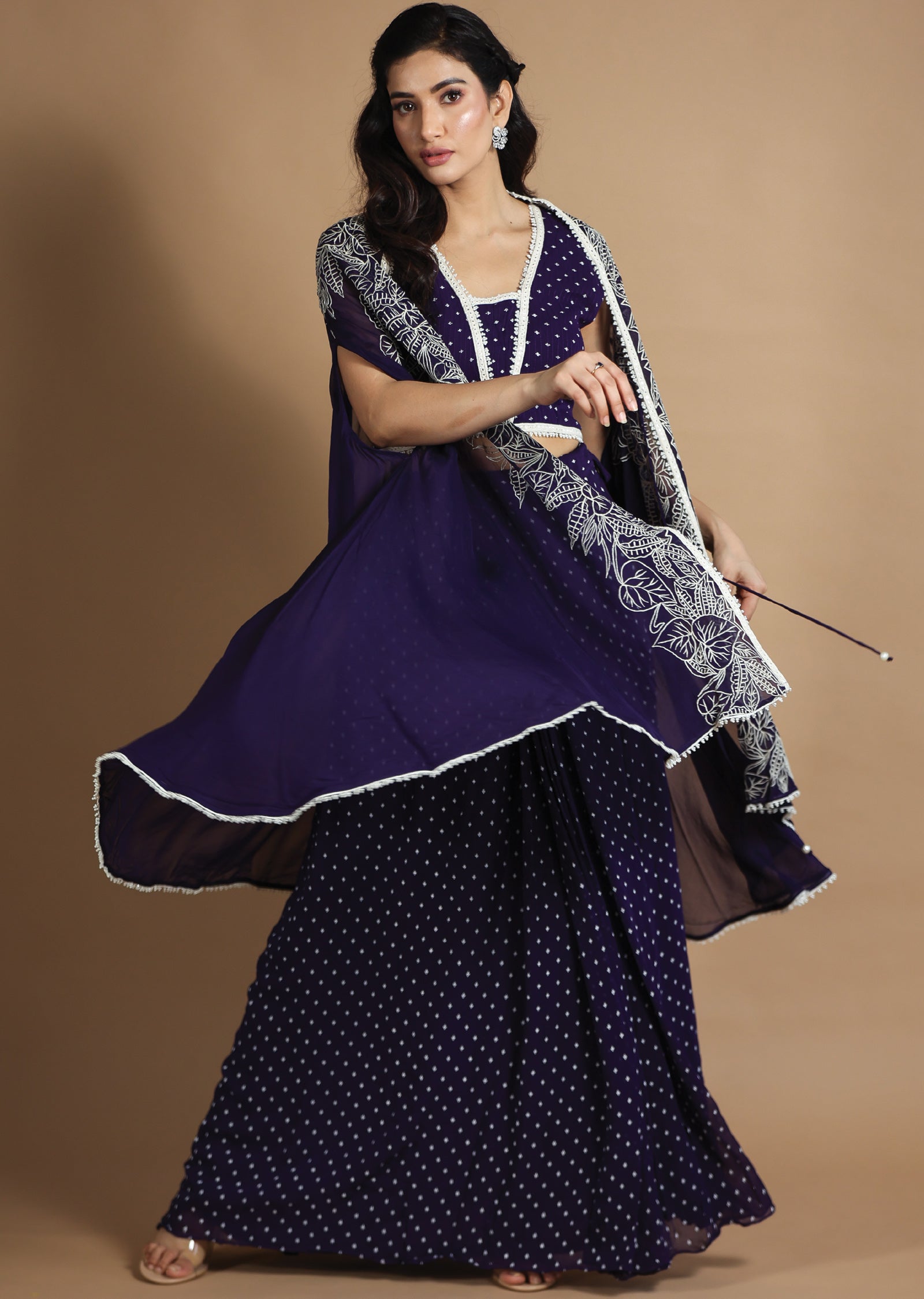 Purple Georgette Fusion/Indo-Western Blouse with Matching Pleated Skirt and Long Jacket