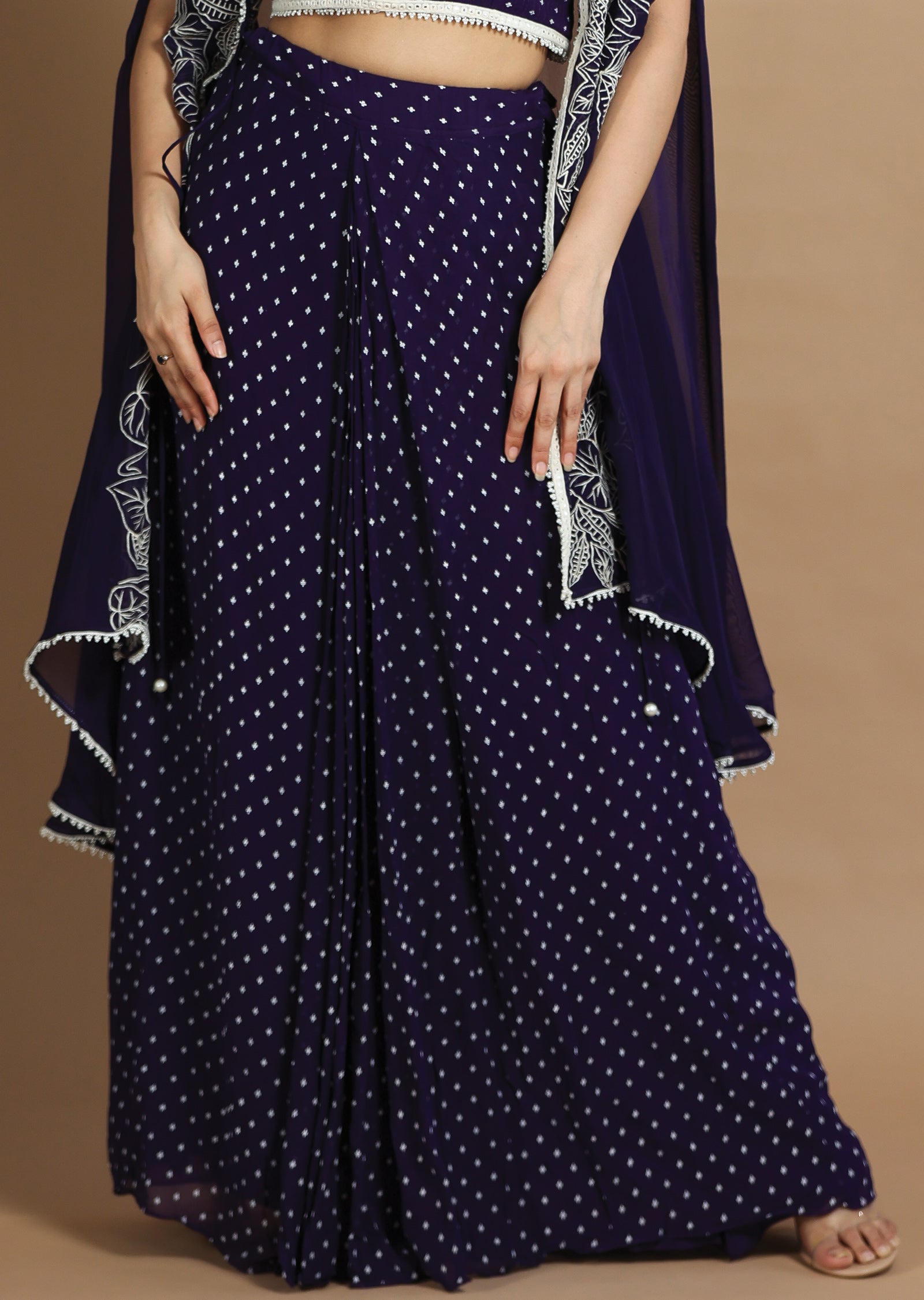 Purple Georgette Fusion/Indo-Western Blouse with Matching Pleated Skirt and Long Jacket