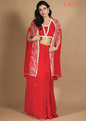 Red Georgette Indo-Western Pleated Skirt Set with Jacket