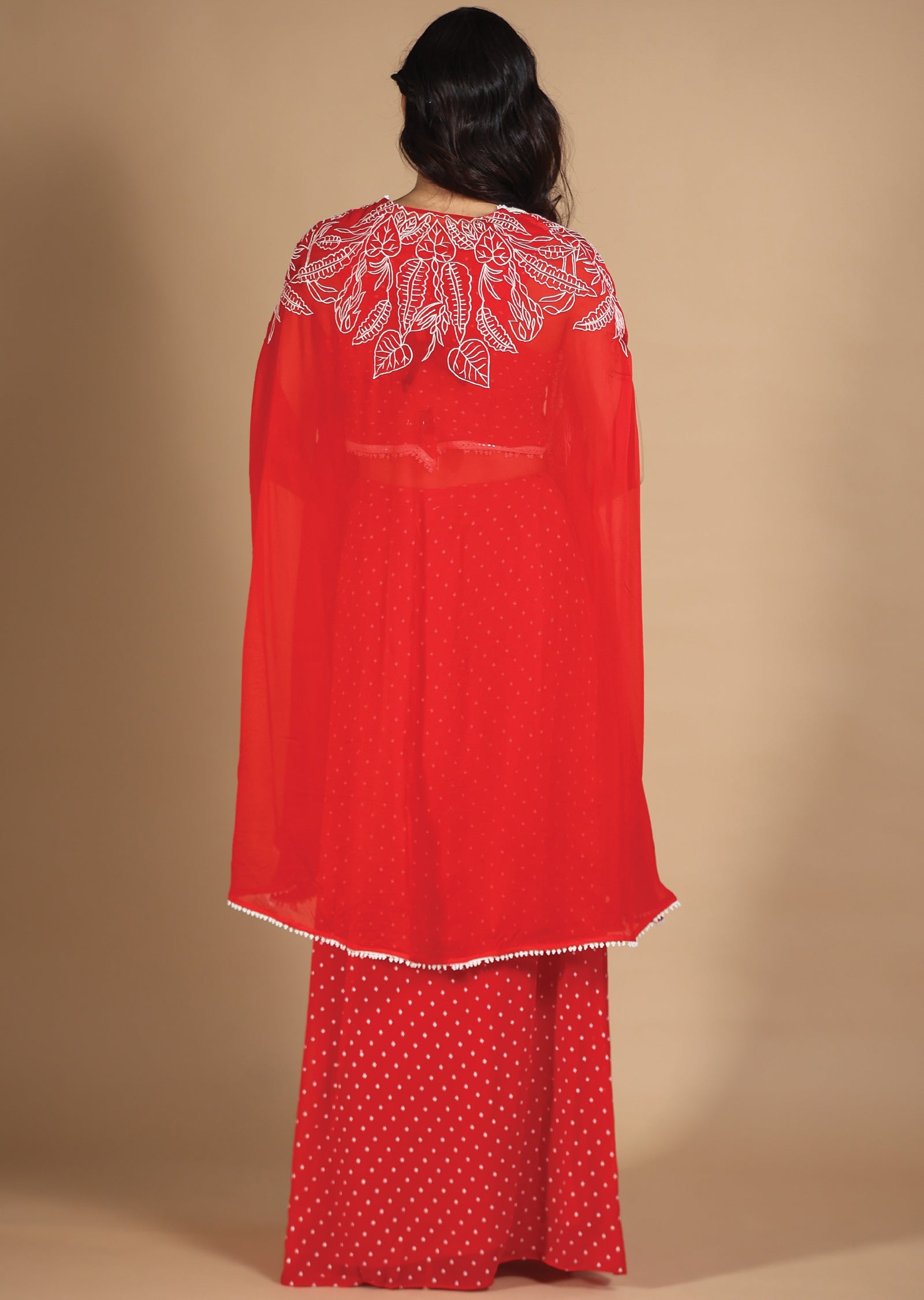 Red Georgette Fusion/Indo-Western Blouse with Matching Pleated Skirt and Long Jacket