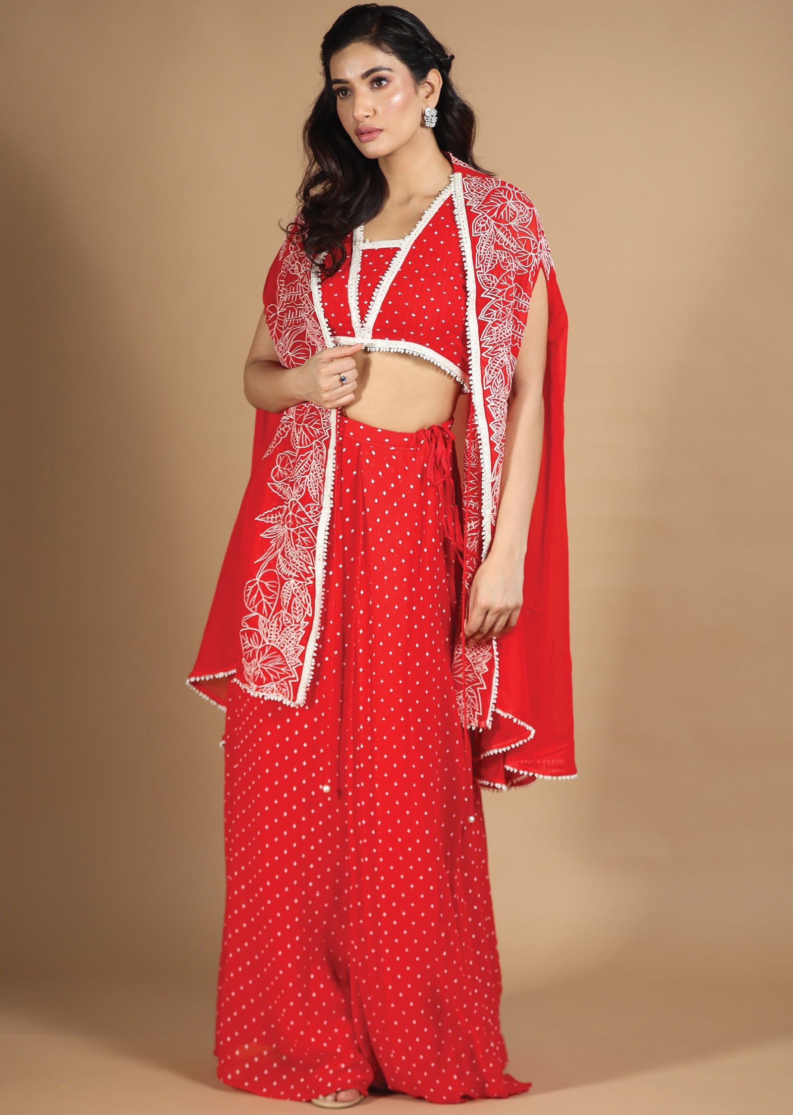 Red Georgette Fusion/Indo-Western Blouse with Matching Pleated Skirt and Long Jacket