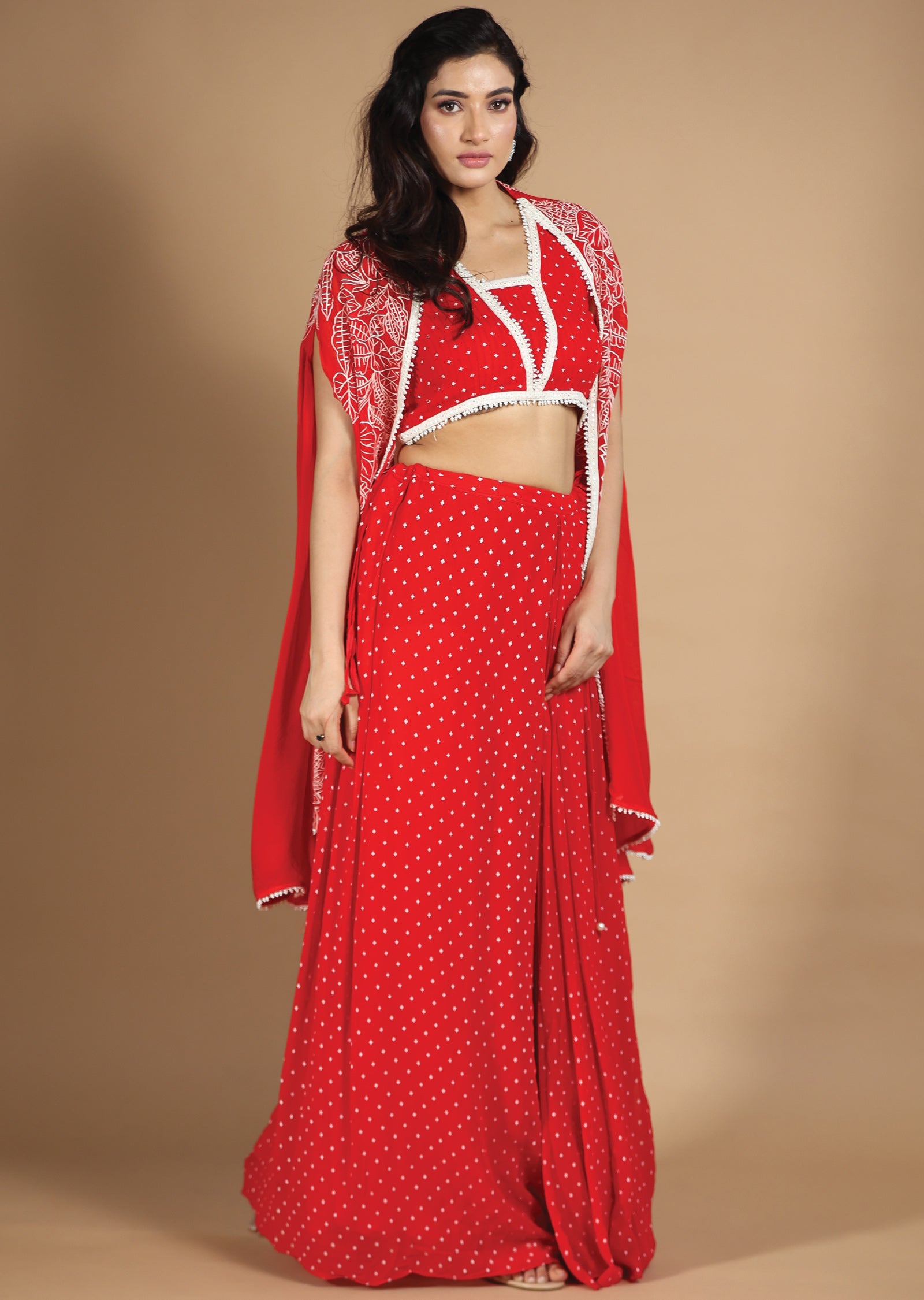 Red Georgette Fusion/Indo-Western Blouse with Matching Pleated Skirt and Long Jacket