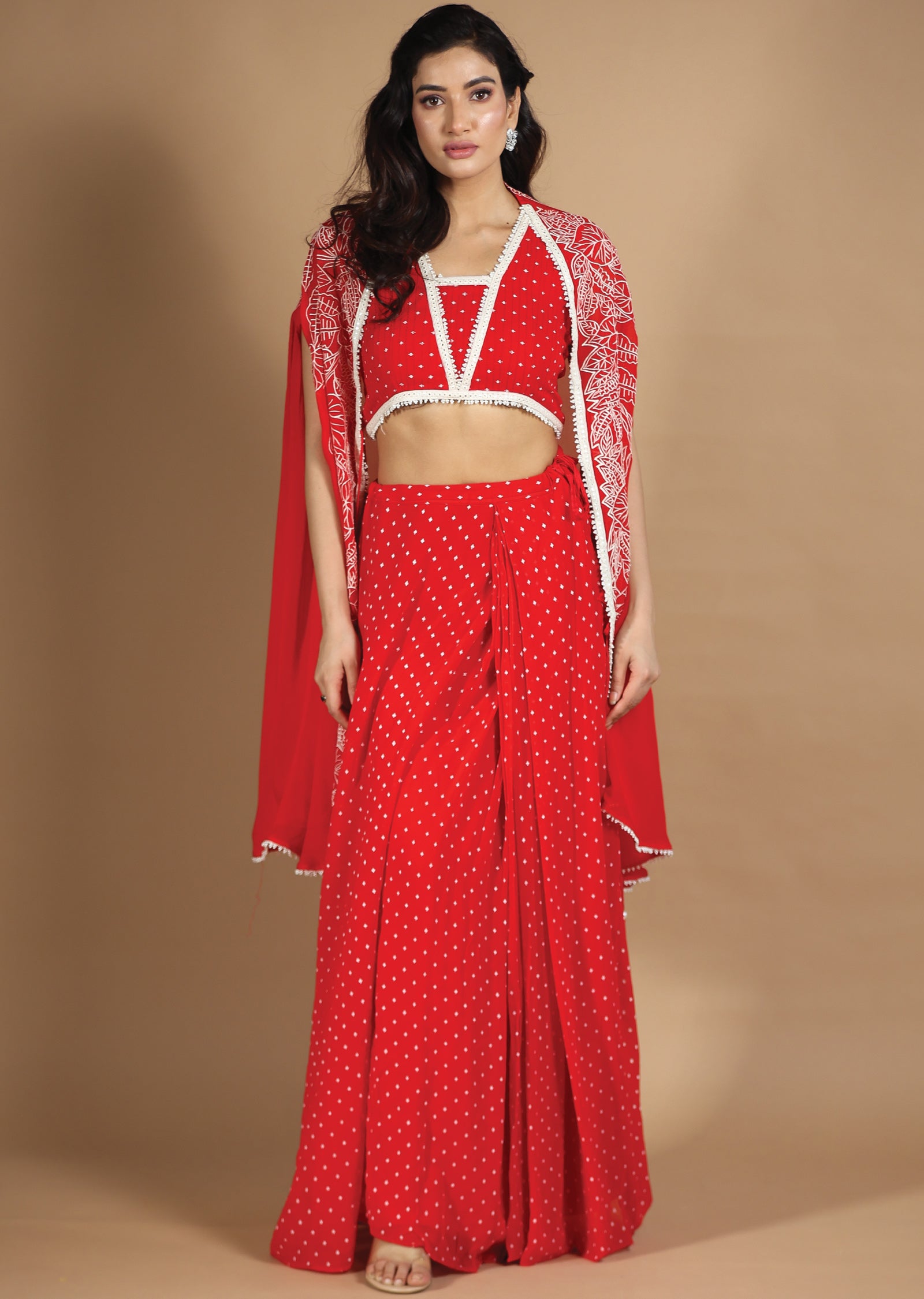 Red Georgette Fusion/Indo-Western Blouse with Matching Pleated Skirt and Long Jacket