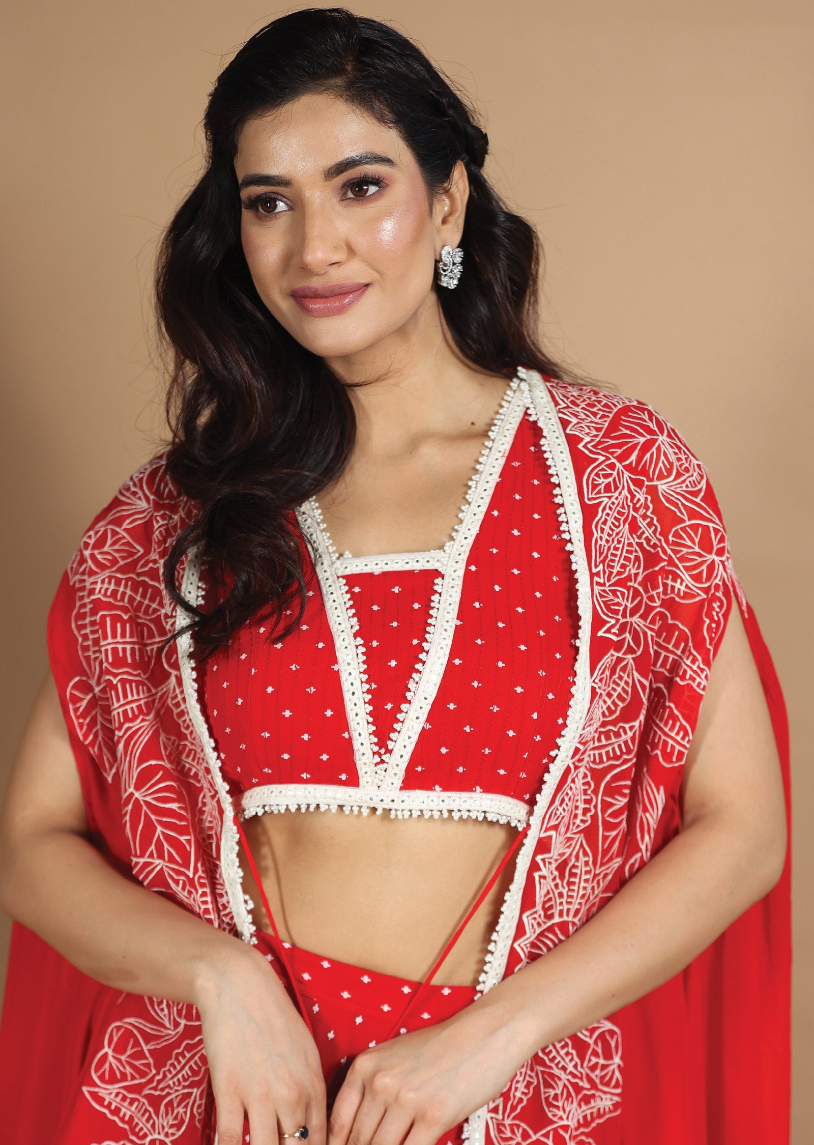 Red Georgette Fusion/Indo-Western Blouse with Matching Pleated Skirt and Long Jacket