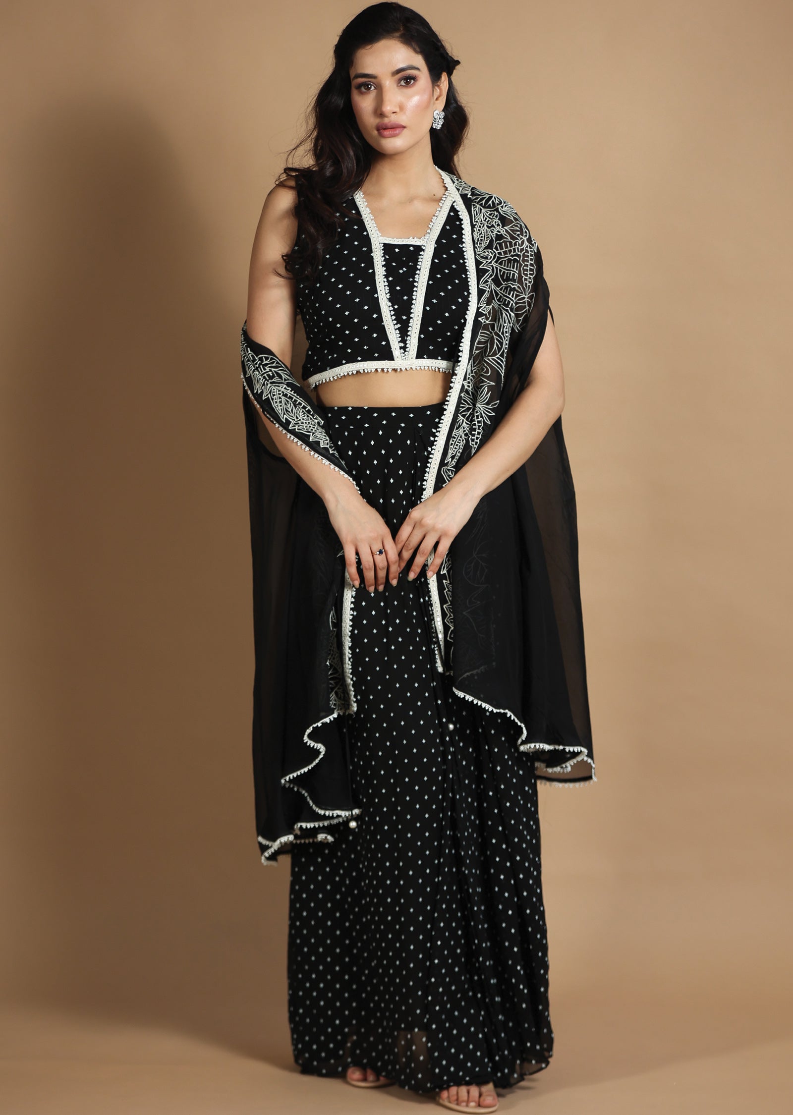 Black Georgette Indo-Western Pleated Skirt Set with Jacket