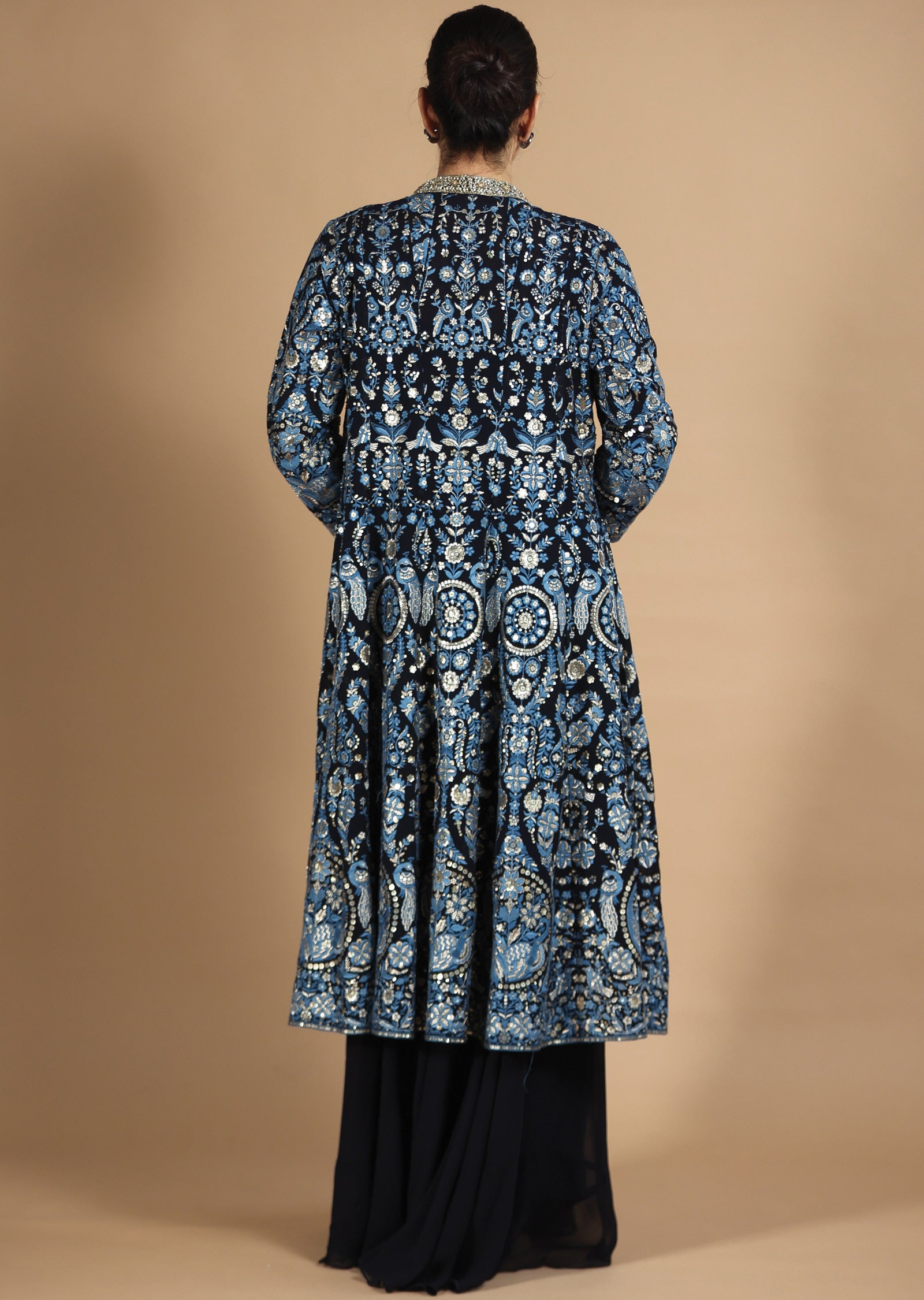 Navy Blue Georgette Fusion Indo-Western Blouse with Matching Palazzo, and Long Jacket