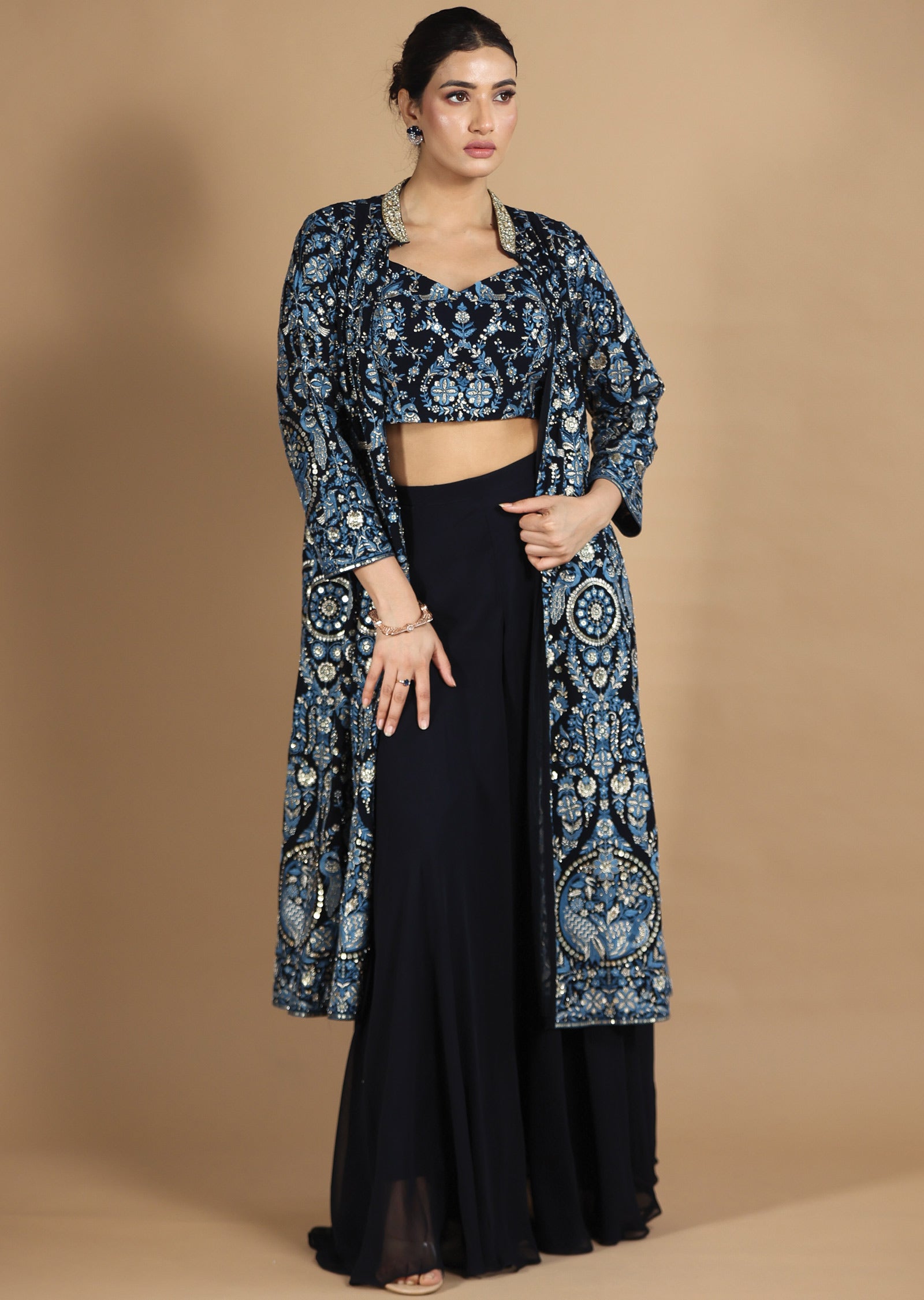 Navy Blue Georgette Fusion Indo-Western Blouse with Matching Palazzo, and Long Jacket