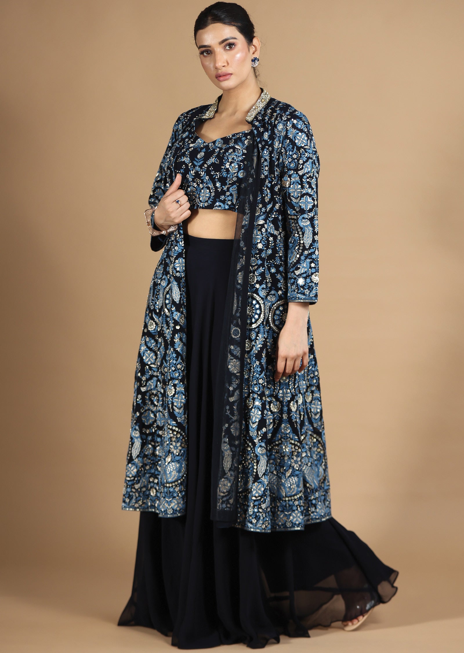 Navy Blue Georgette Fusion Indo-Western Blouse with Matching Palazzo, and Long Jacket