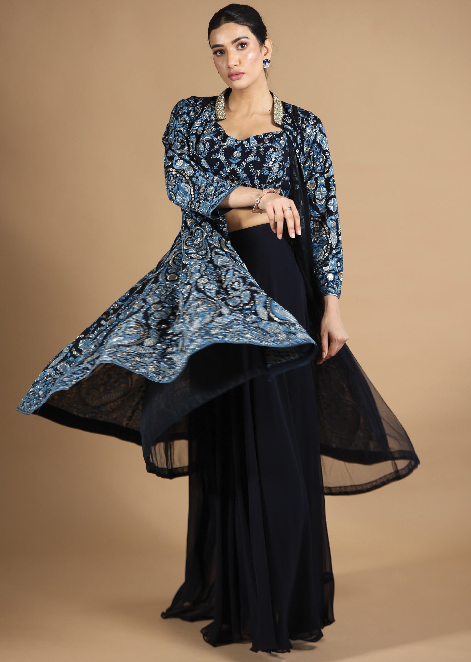 Navy Blue Georgette Fusion Indo-Western Blouse with Matching Palazzo, and Long Jacket