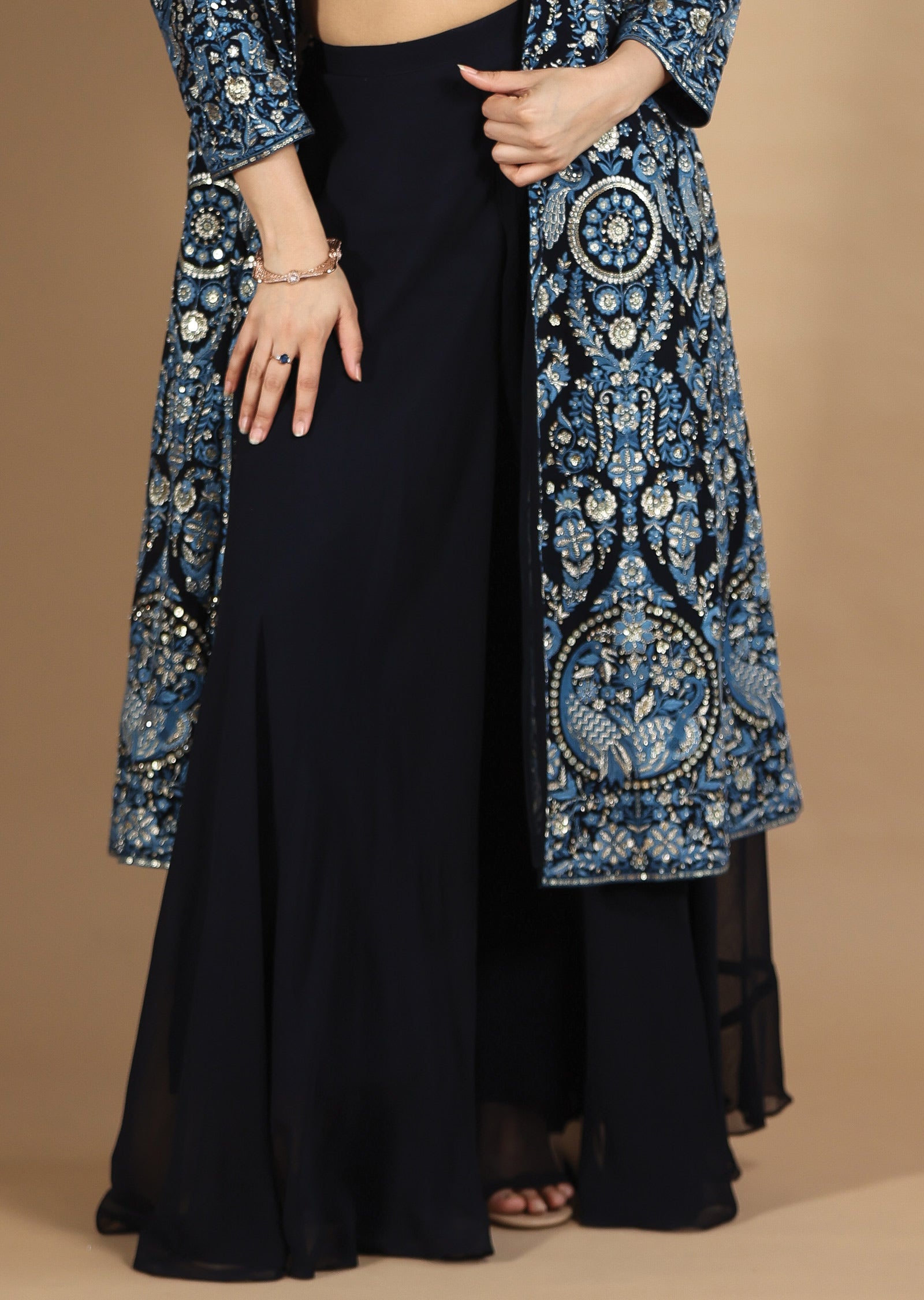 Navy Blue Georgette Fusion Indo-Western Blouse with Matching Palazzo, and Long Jacket