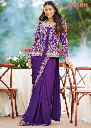 Purple Chinnon Pre-Draped Saree with Full-Sleeve Jacket