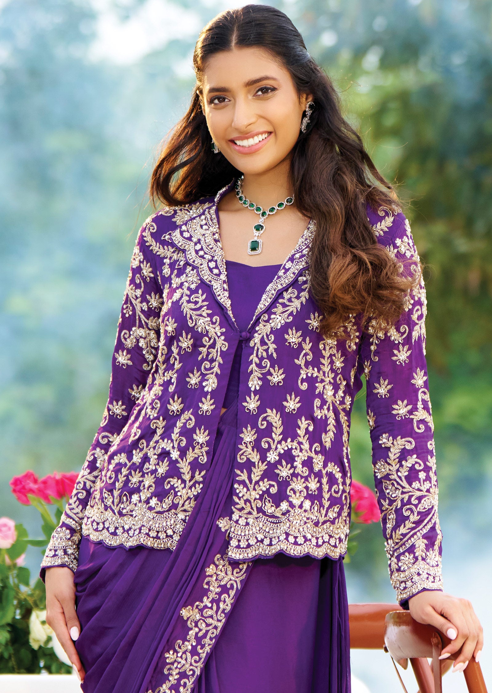 Purple Chinnon Pre-Draped Saree with Full-Sleeve Jacket