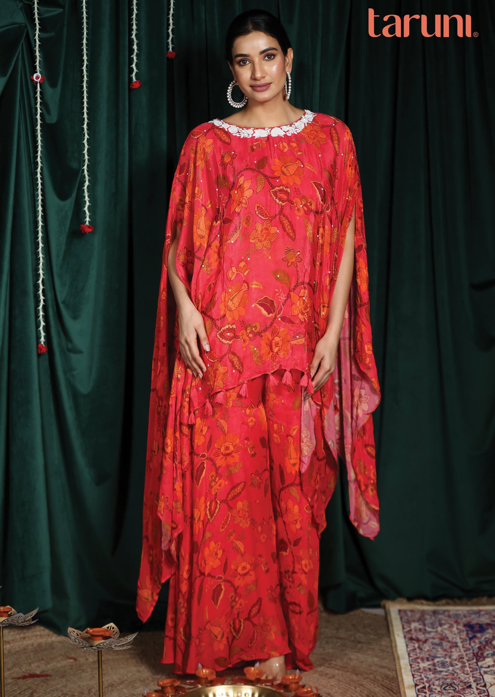 Rani Pink Chinnon Fusion/Indo-Western With Short Kaftan Top and Matching Palazzo