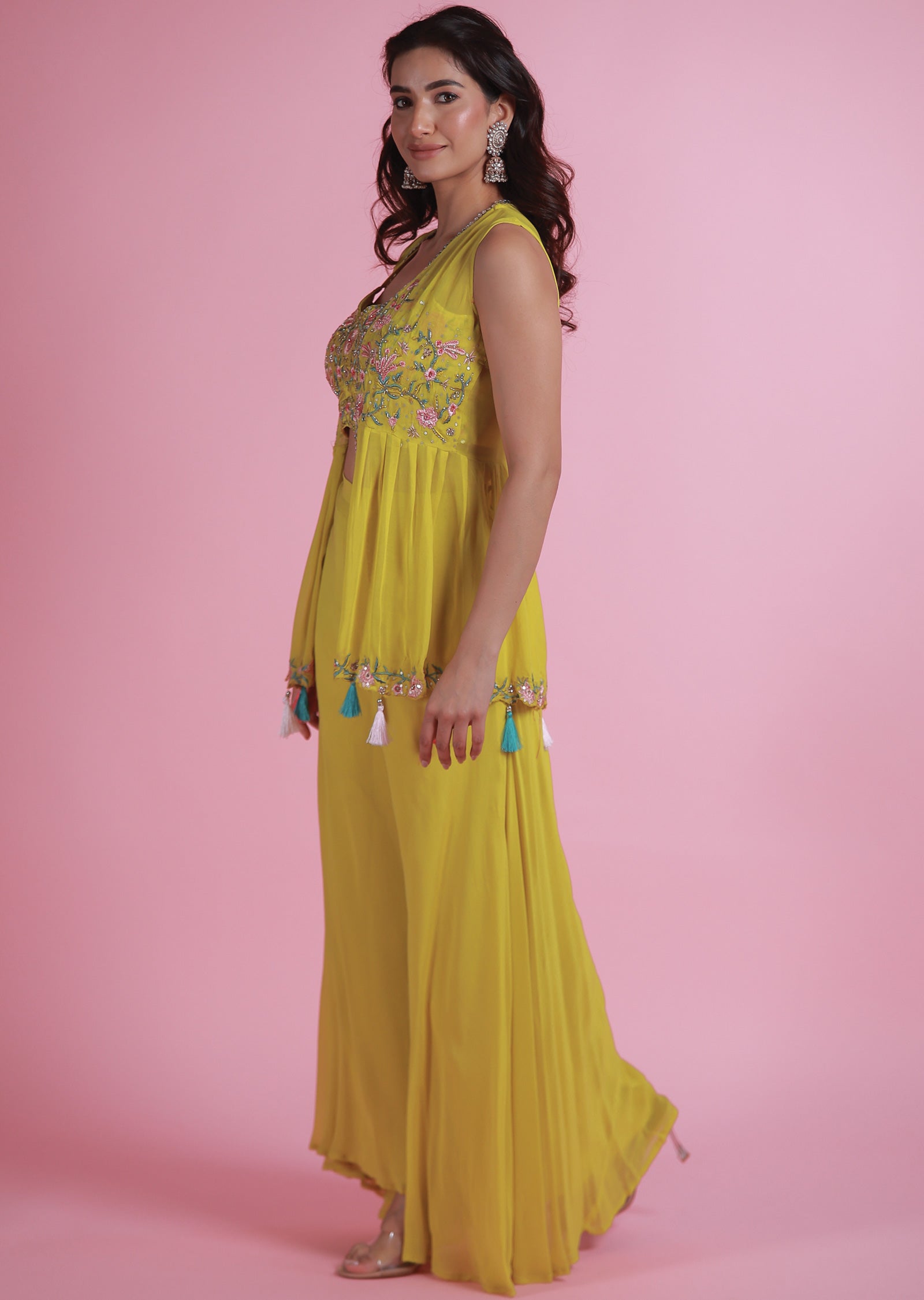 Lime Green Georgette Fusion Indo-Western