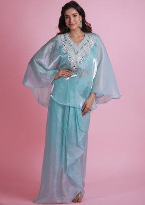 Sea Green Organza Fusion Indo-Western