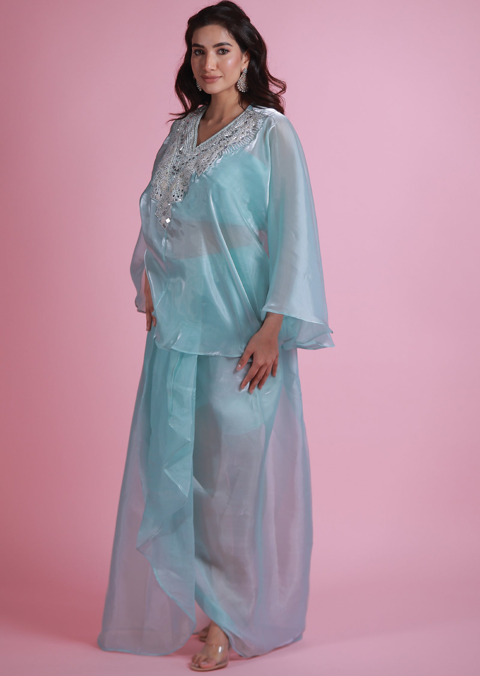 Sea Green Organza Fusion Indo-Western