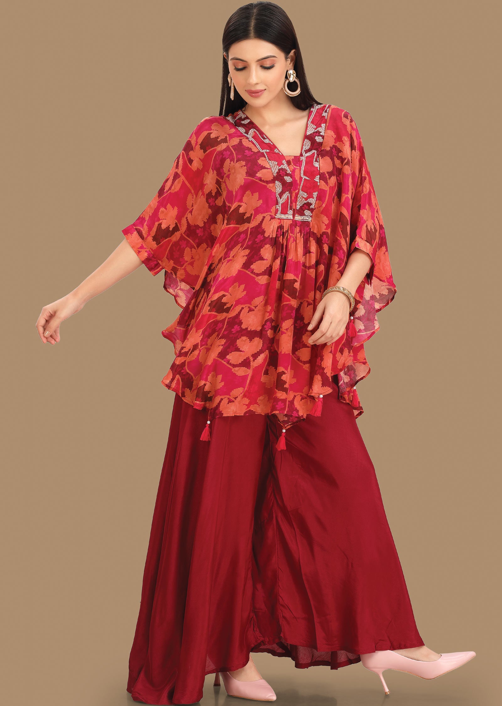 Maroon & Rust Crepe Fusion Indo-Western Kaftan Top and Palazzo Set