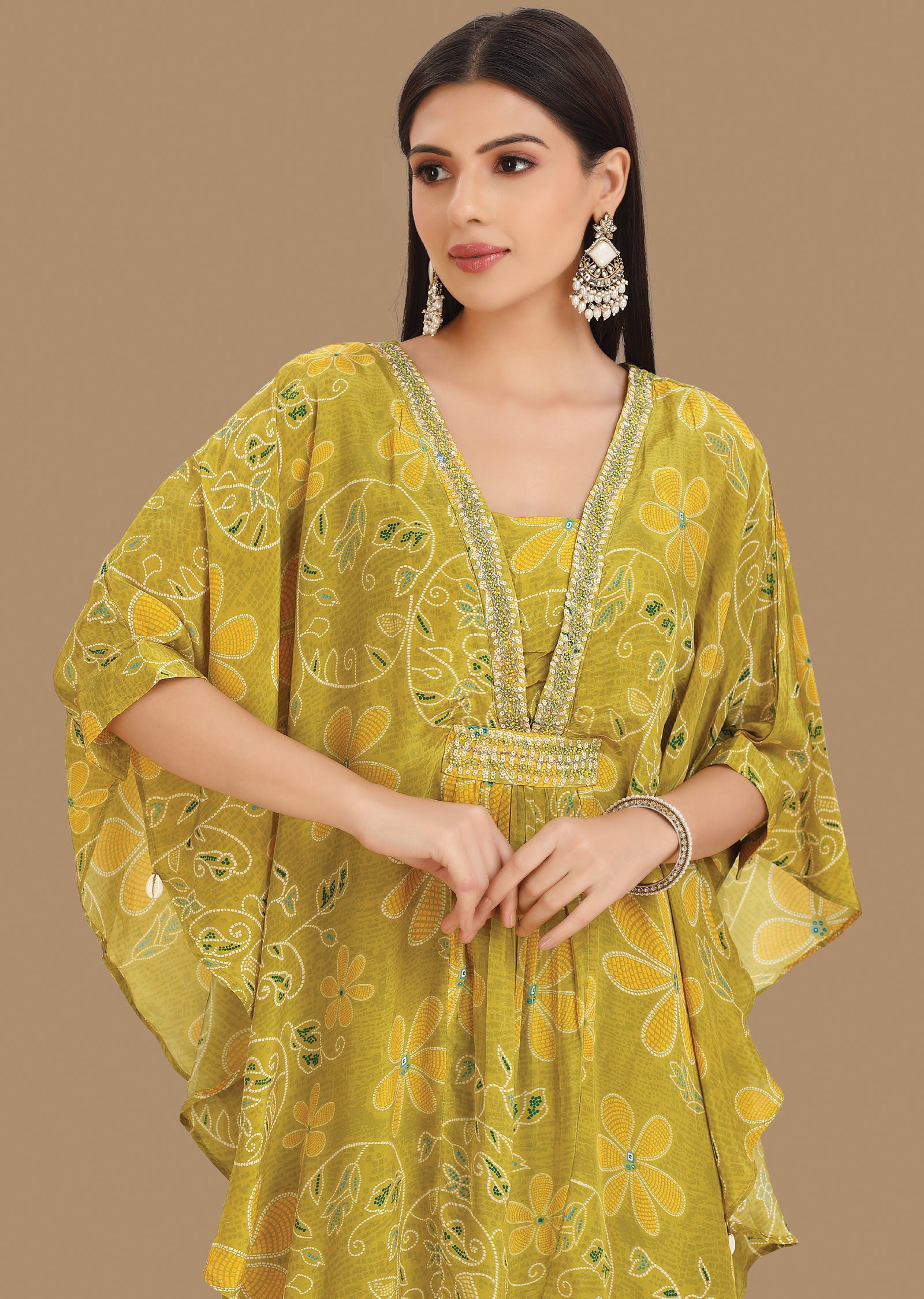 Lime Green Crepe Fusion Indo-Western Kaftan Top and Palazzo Set